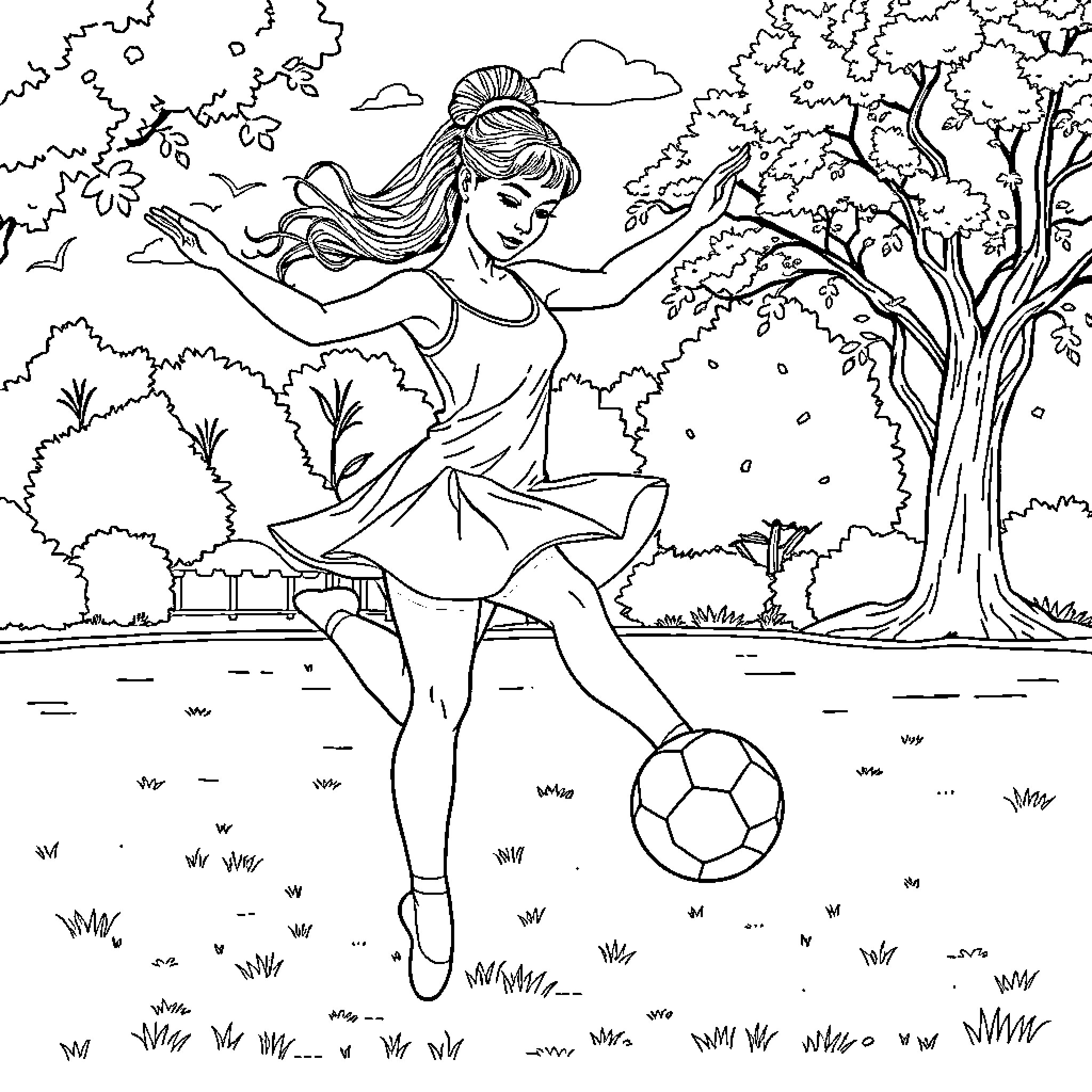 Ballerina playing with soccer ball in a garden Coloring Page (free black-and-white line drawing printable PDF for all, from beginners to advanced learners, including children, teens, adults, and seniors)