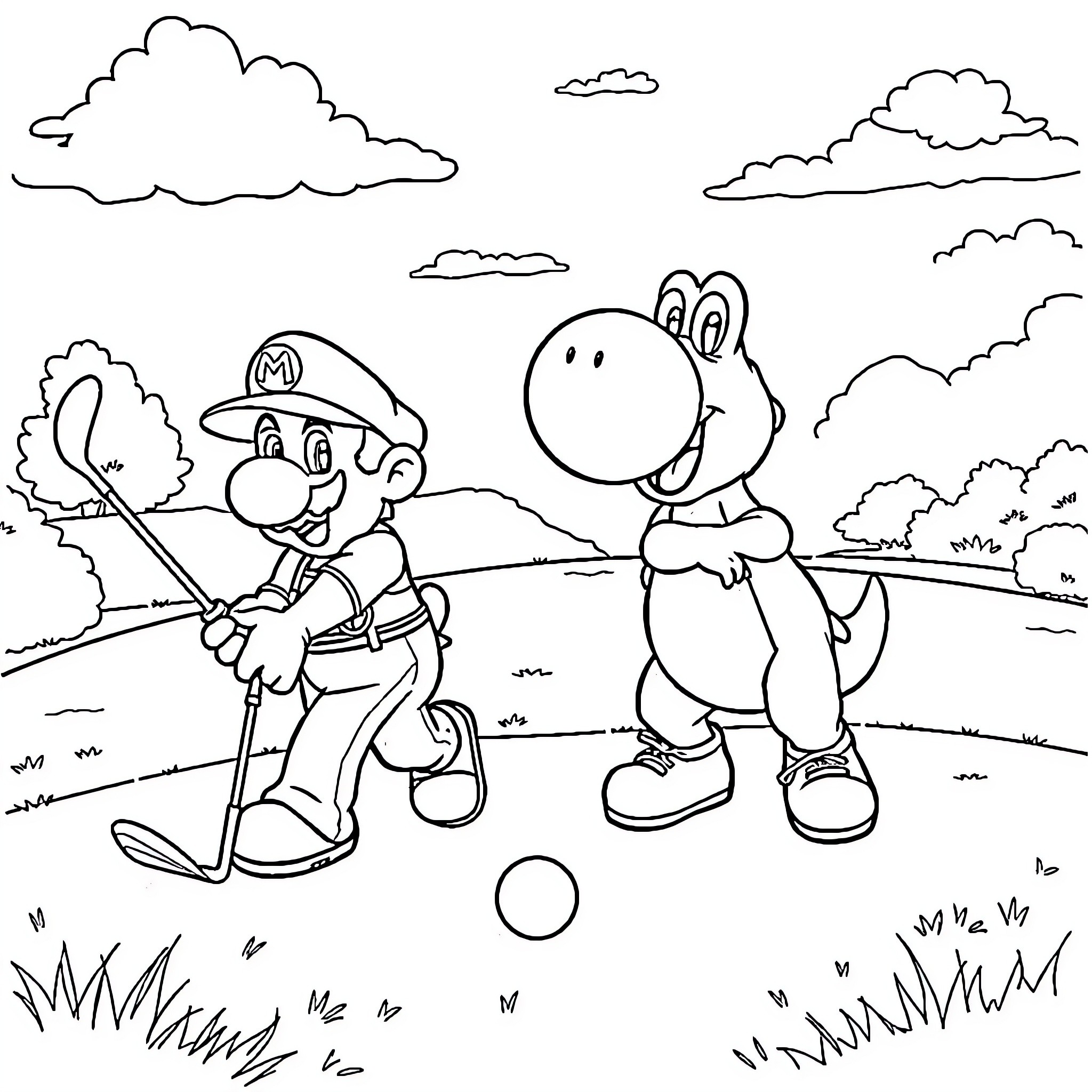 Mario and Yoshi playing together in the park Coloring Page (free black-and-white line drawing printable PDF for all, from beginners to advanced learners, including children, teens, adults, and seniors)