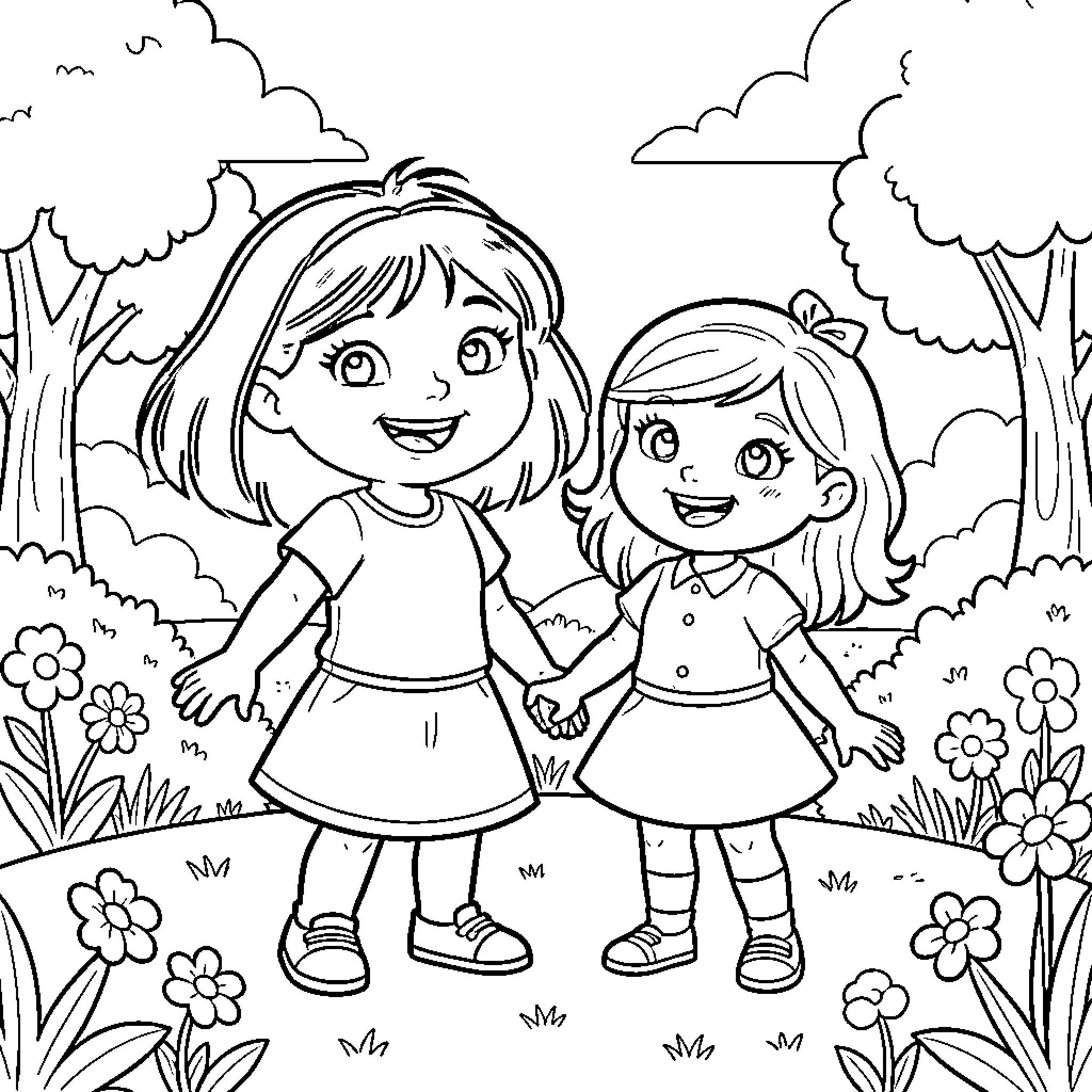 Dora and a Friend Exploring the Enchanted Forest Coloring Page (free black-and-white line drawing printable PDF for all, from beginners to advanced learners, including children, teens, adults, and seniors)