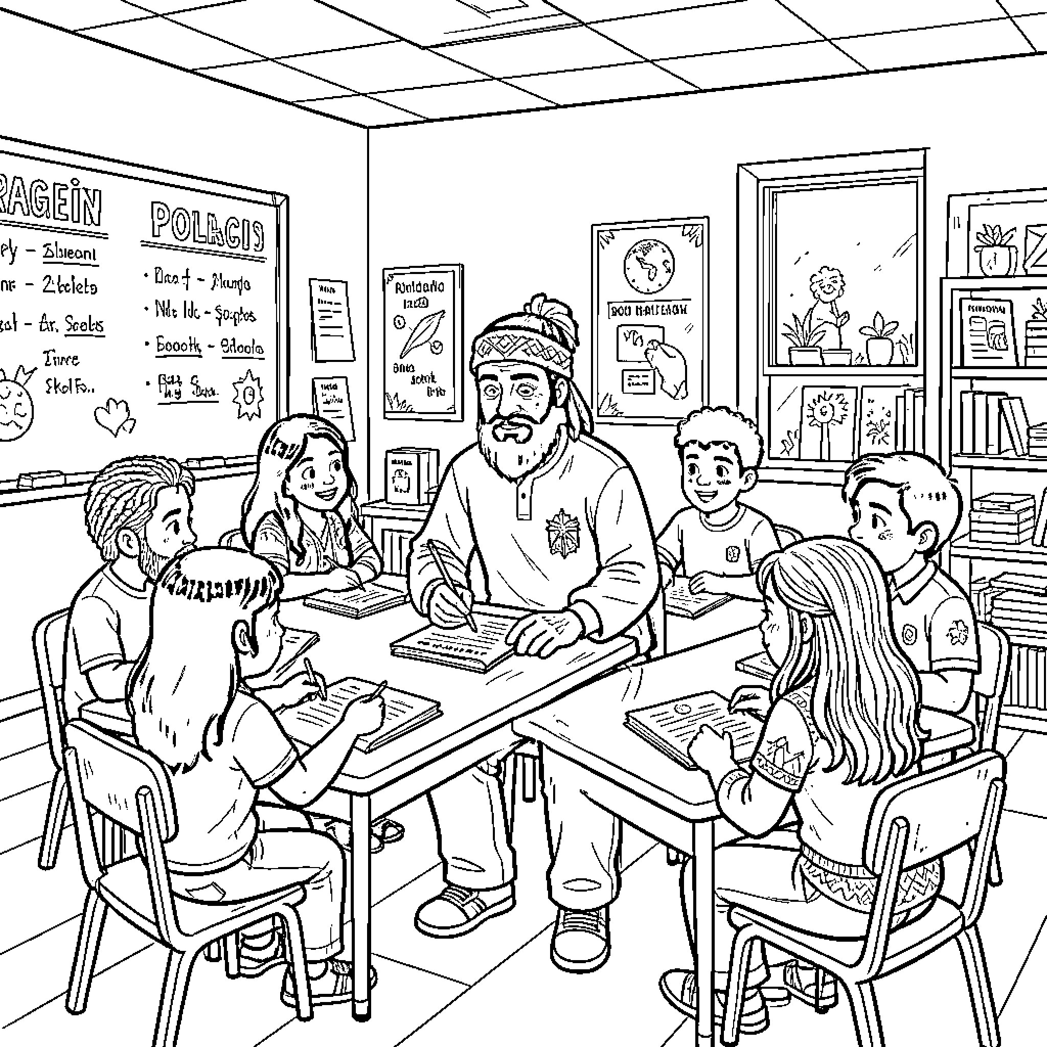 Indio students and teacher having a discussion in the classroom Coloring Page (free black-and-white line drawing printable PDF for all, from beginners to advanced learners, including children, teens, adults, and seniors)