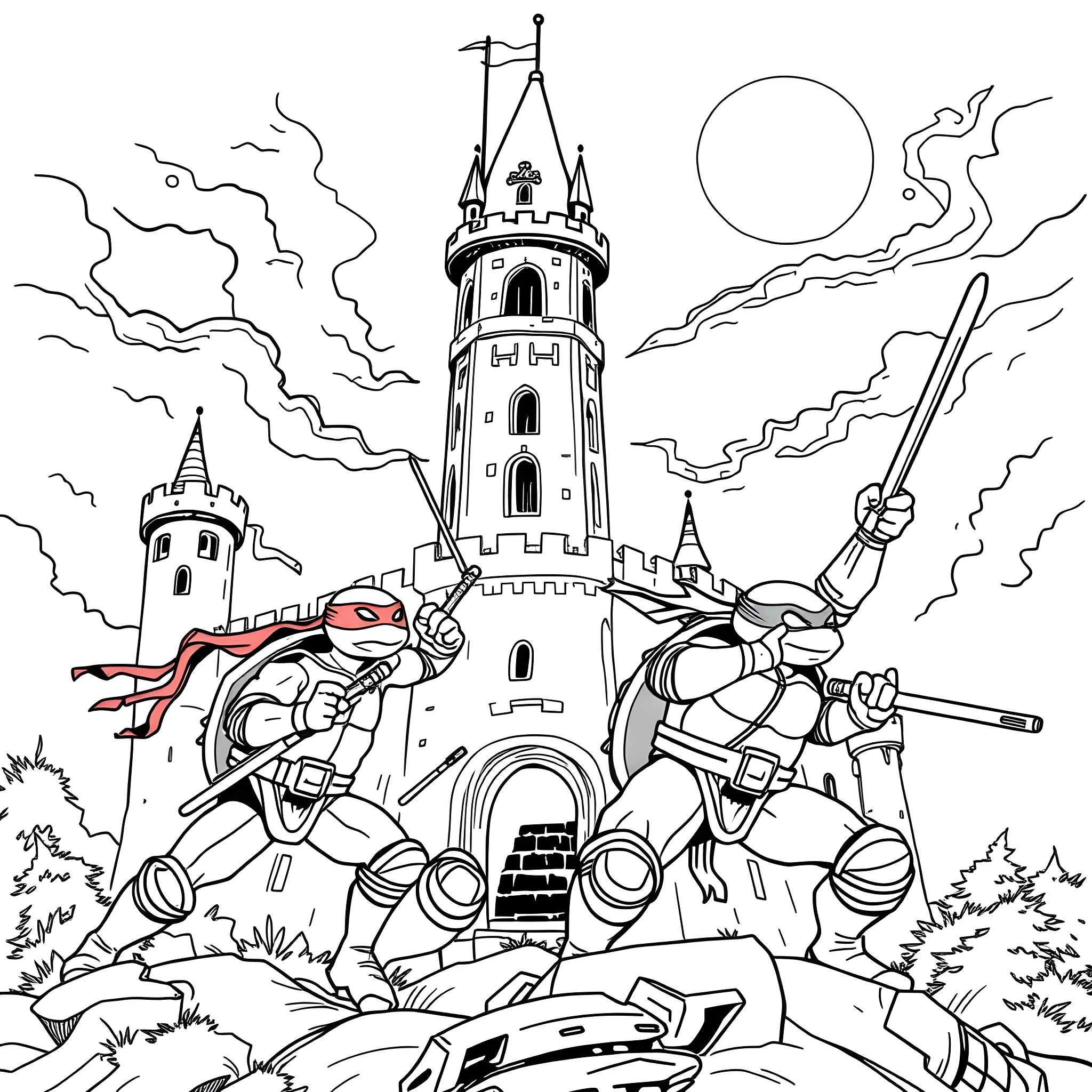 Teenage Mutant Ninja Turtles Battling in a Castle Landscape Coloring Page (free black-and-white line drawing printable PDF for all, from beginners to advanced learners, including children, teens, adults, and seniors)