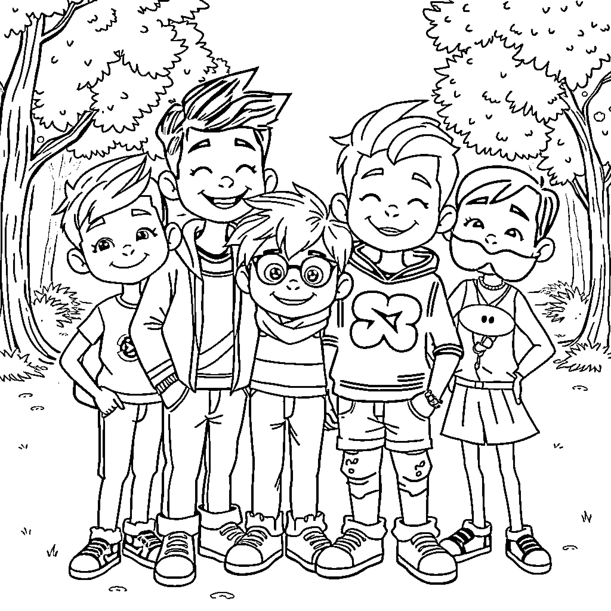 Stray Kids enjoying outdoor adventure together Coloring Page (free black-and-white line drawing printable PDF for all, from beginners to advanced learners, including children, teens, adults, and seniors)