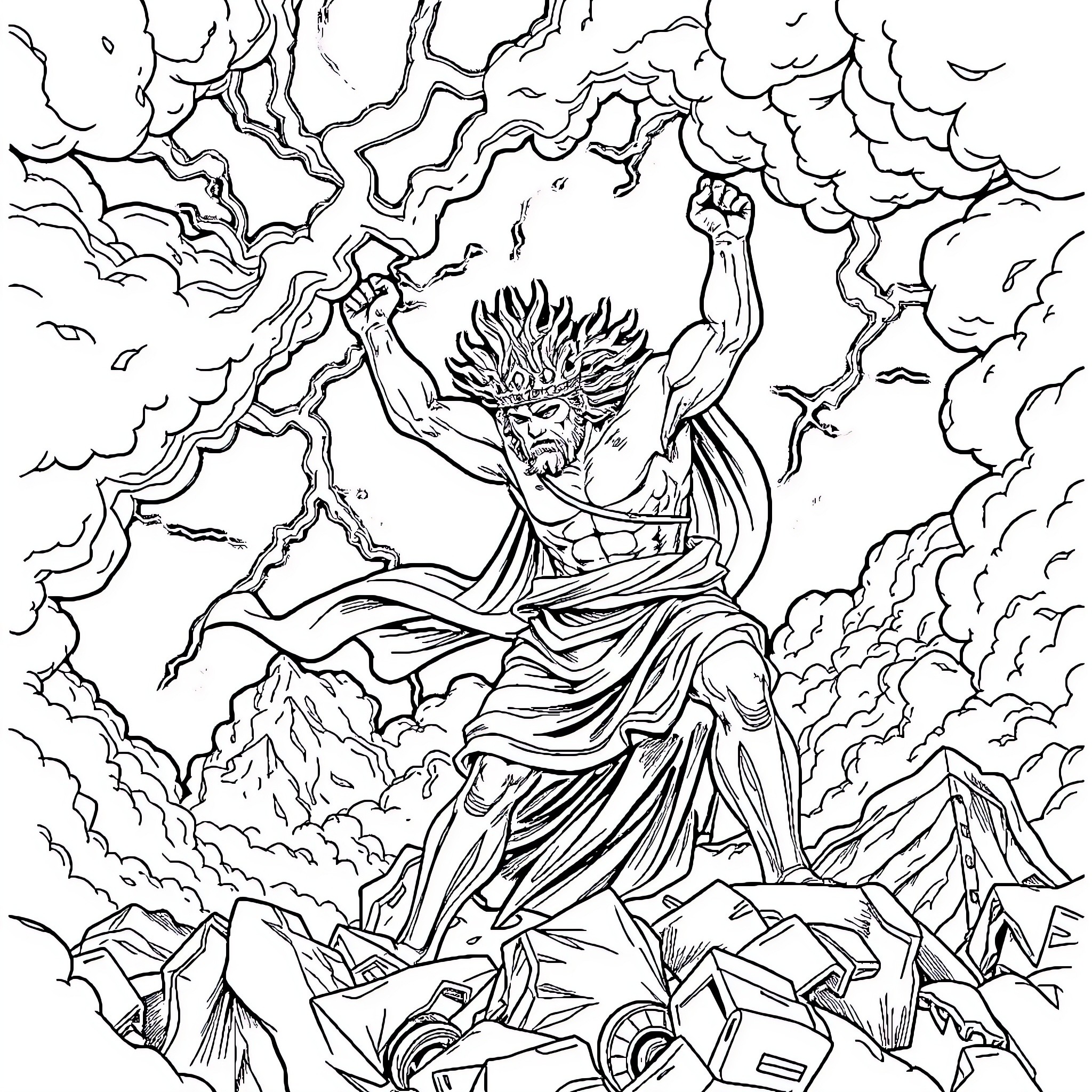 Zeus Unleashing Mighty Thunderstorm Over Mountainous Landscape Coloring Page (free black-and-white line drawing printable PDF for all, from beginners to advanced learners, including children, teens, adults, and seniors)