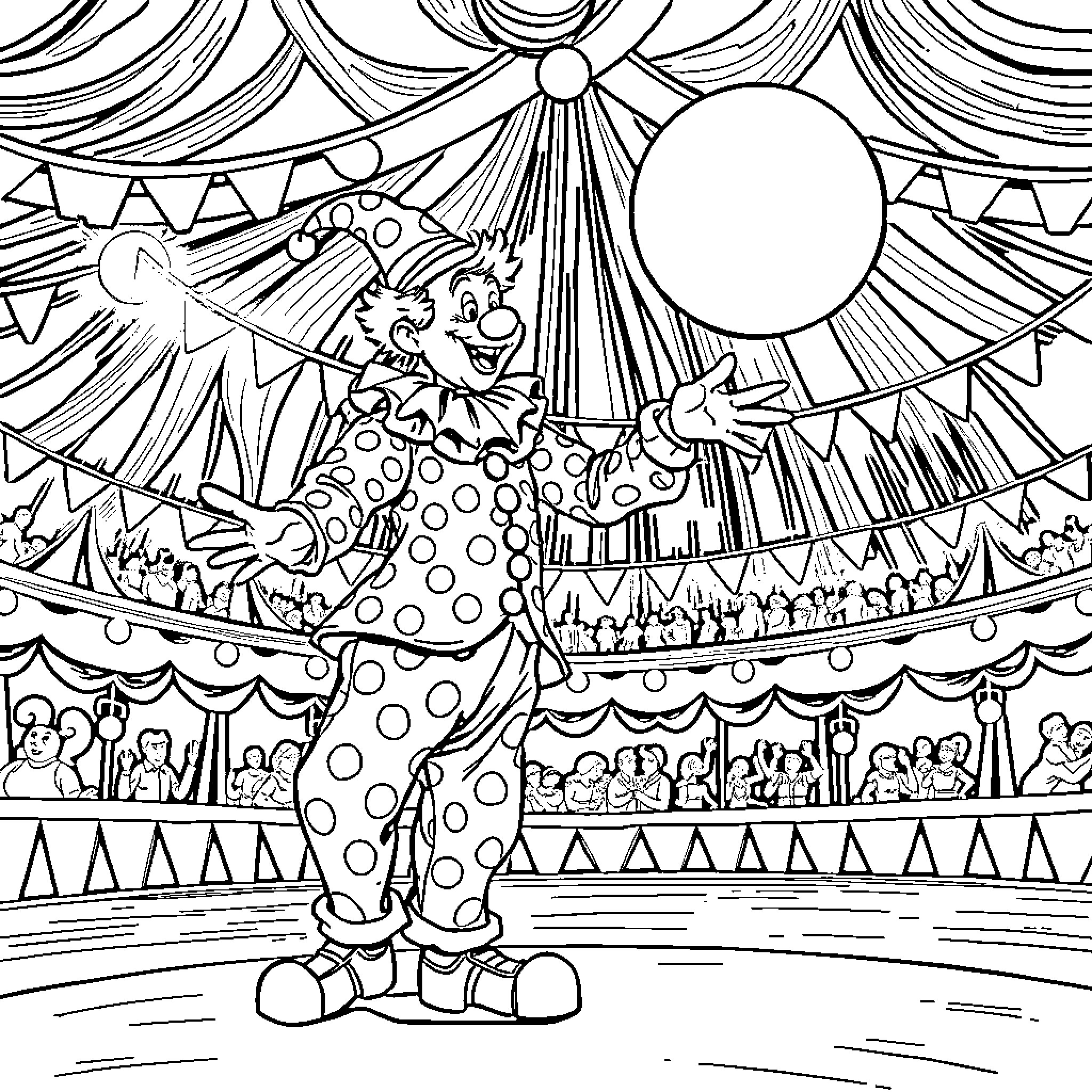 Clown performing circus tricks on stage Coloring Page (free black-and-white line drawing printable PDF for all, from beginners to advanced learners, including children, teens, adults, and seniors)