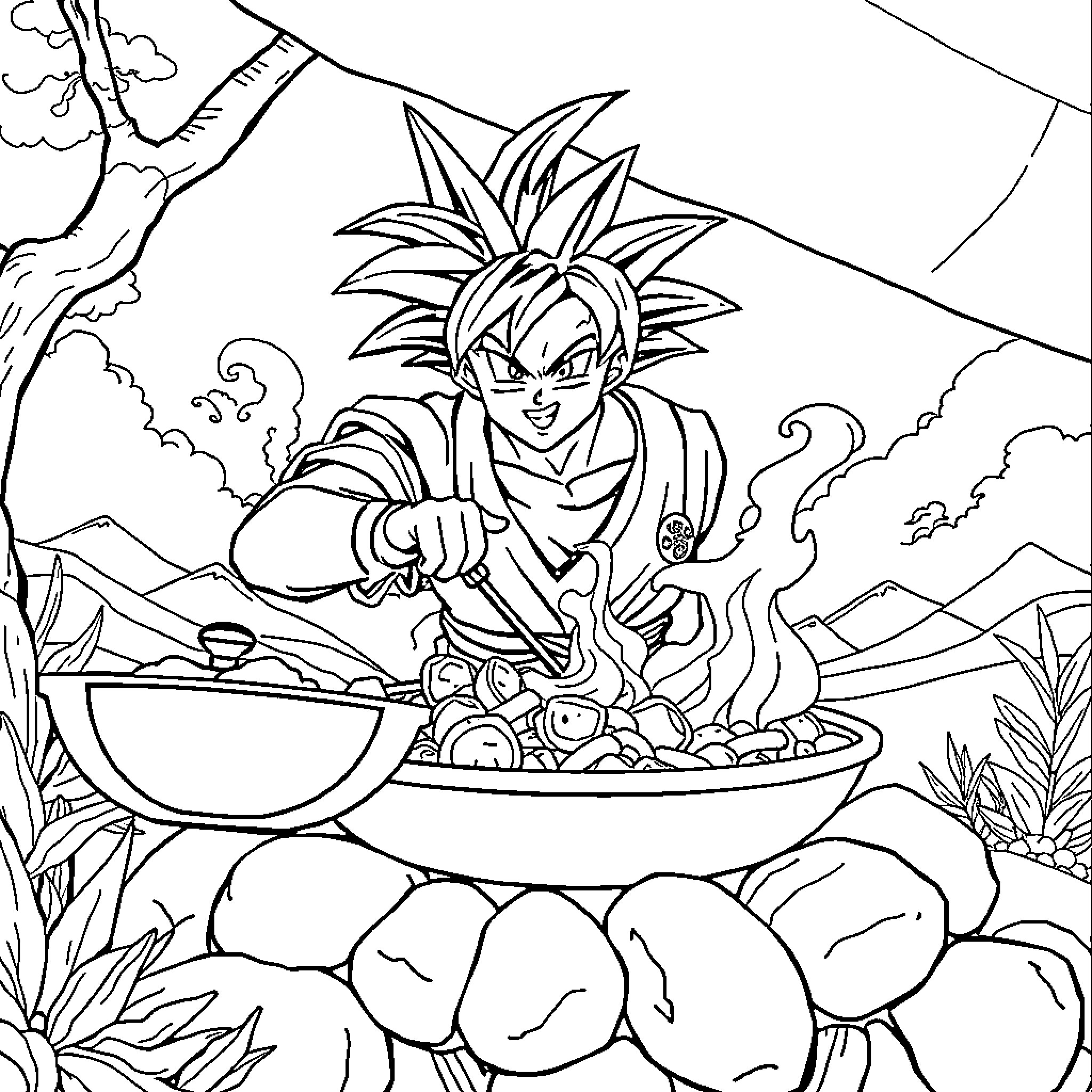 Son Goku cooking a hearty meal in the wilderness Coloring Page (free black-and-white line drawing printable PDF for all, from beginners to advanced learners, including children, teens, adults, and seniors)