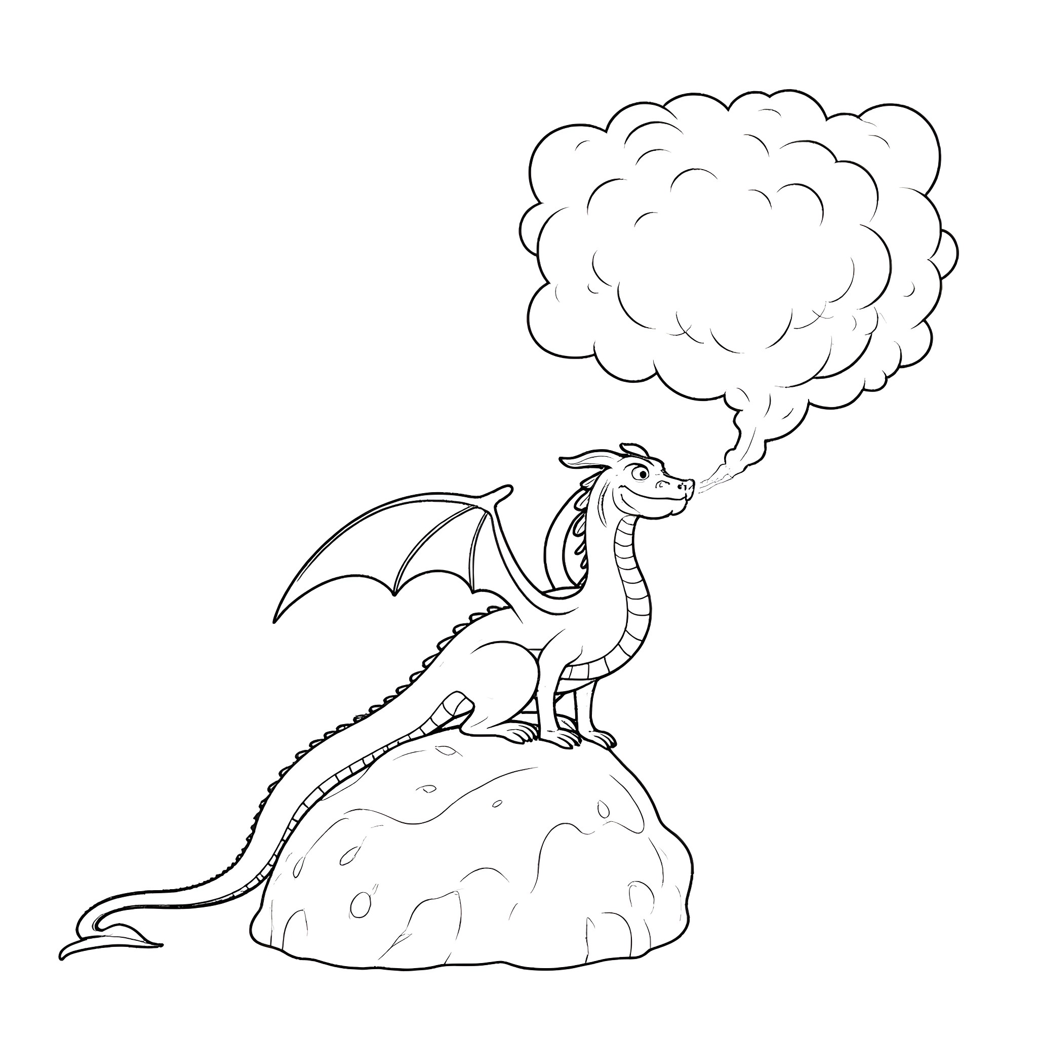 Dragon breathing smoke on rocky hill Coloring Page (free black-and-white line drawing printable PDF for all, from beginners to advanced learners, including children, teens, adults, and seniors)