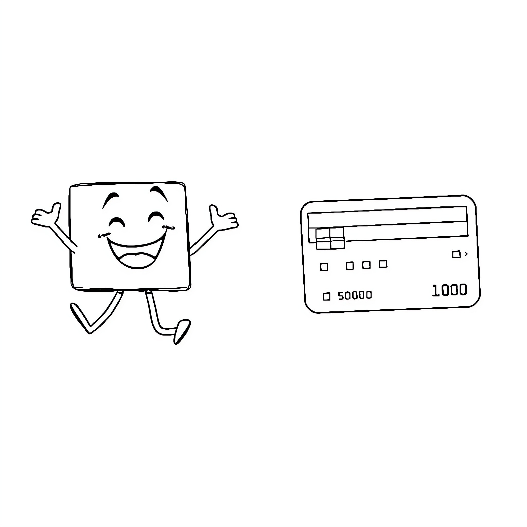 Credit Card Cheerful Characters Coloring Page (free black-and-white line drawing printable PDF for all, from beginners to advanced learners, including children, teens, adults, and seniors)