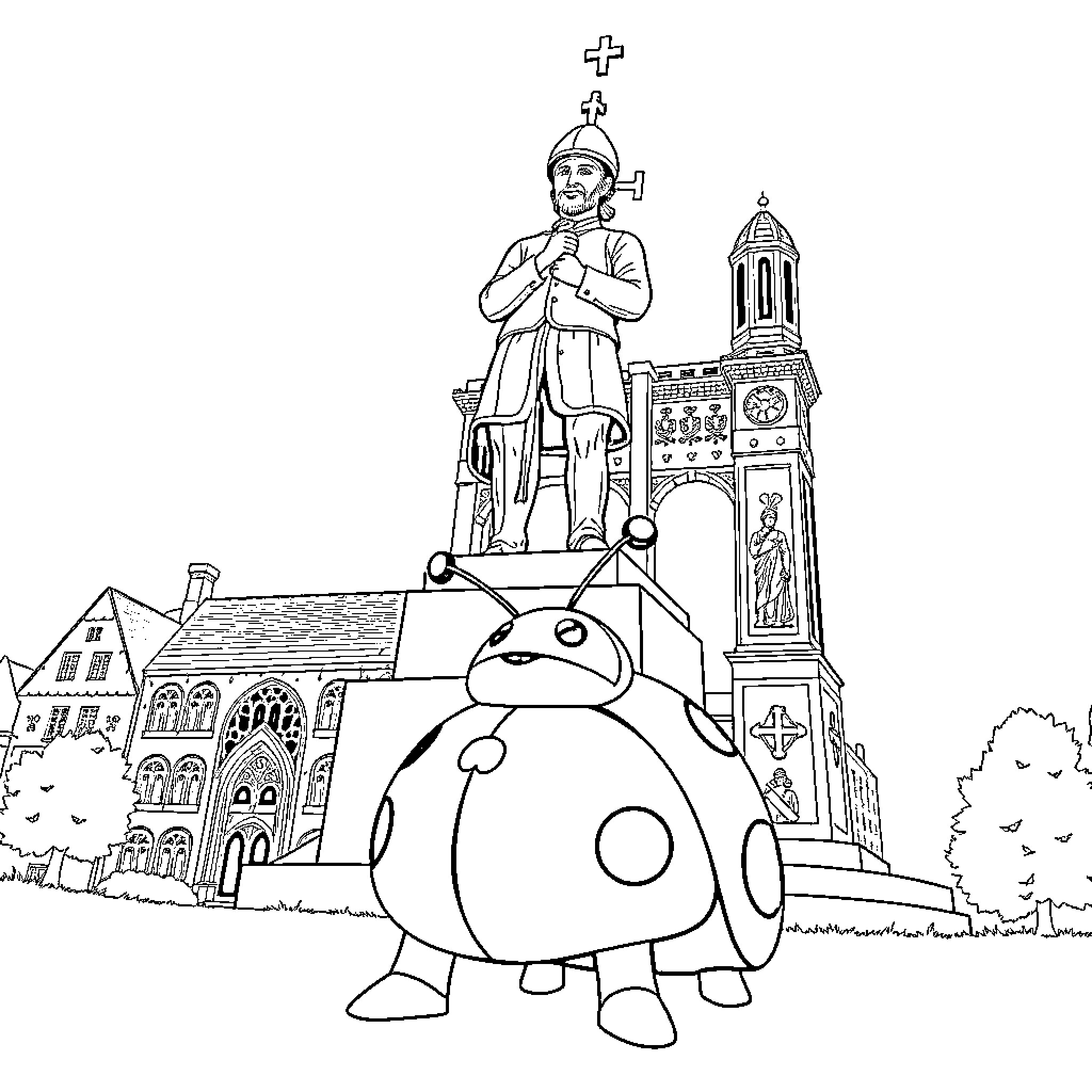 Ladybug exploring a historic cathedral Coloring Page (free black-and-white line drawing printable PDF for all, from beginners to advanced learners, including children, teens, adults, and seniors)