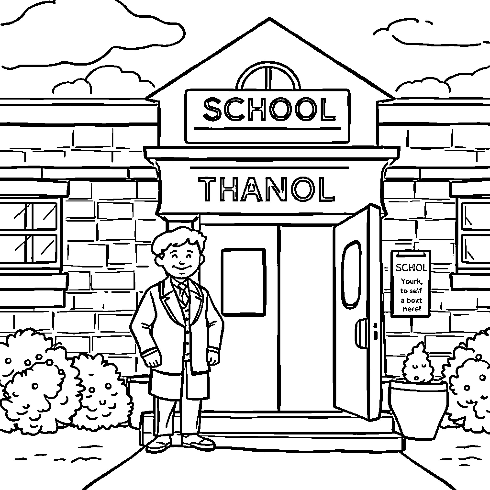 School Building Entrance with Student in Uniform Coloring Page (free black-and-white line drawing printable PDF for all, from beginners to advanced learners, including children, teens, adults, and seniors)