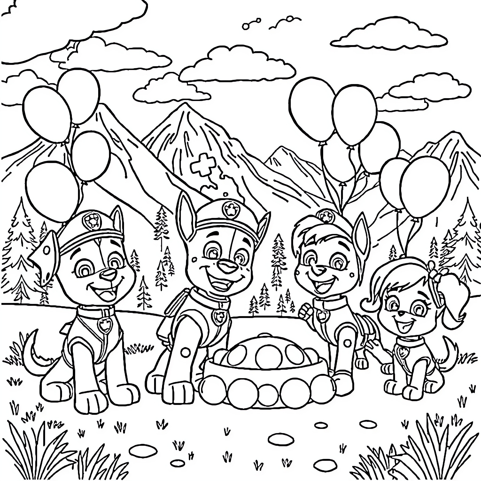 Paw Patrol characters playing outdoors in the mountains Coloring Page (free black-and-white line drawing printable PDF for all, from beginners to advanced learners, including children, teens, adults, and seniors)