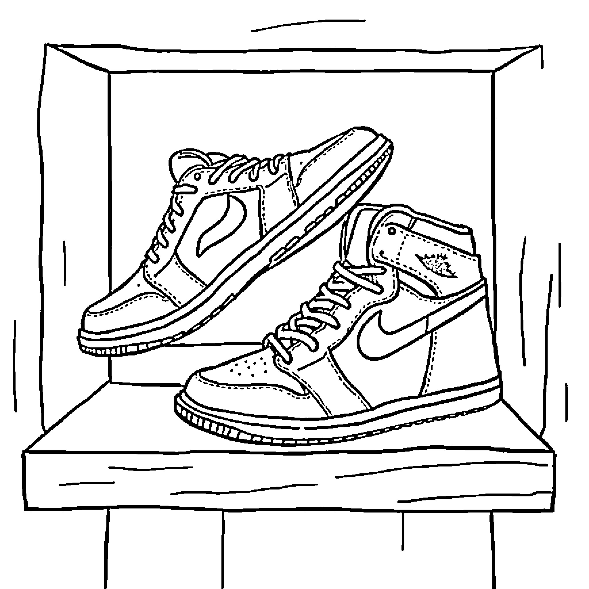 Jordan Shoes displayed in a storefront Coloring Page (free black-and-white line drawing printable PDF for all, from beginners to advanced learners, including children, teens, adults, and seniors)
