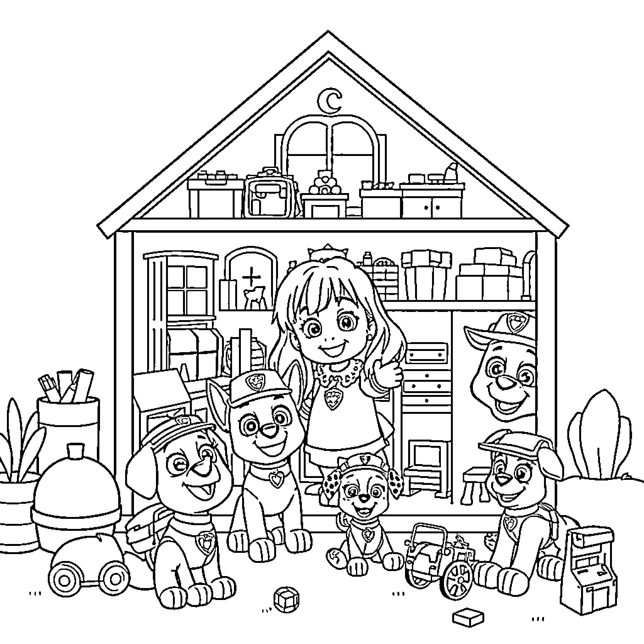 Gabby's Dollhouse - Young girl playing with toy animals in a house Coloring Page (free black-and-white line drawing printable PDF for all, from beginners to advanced learners, including children, teens, adults, and seniors)