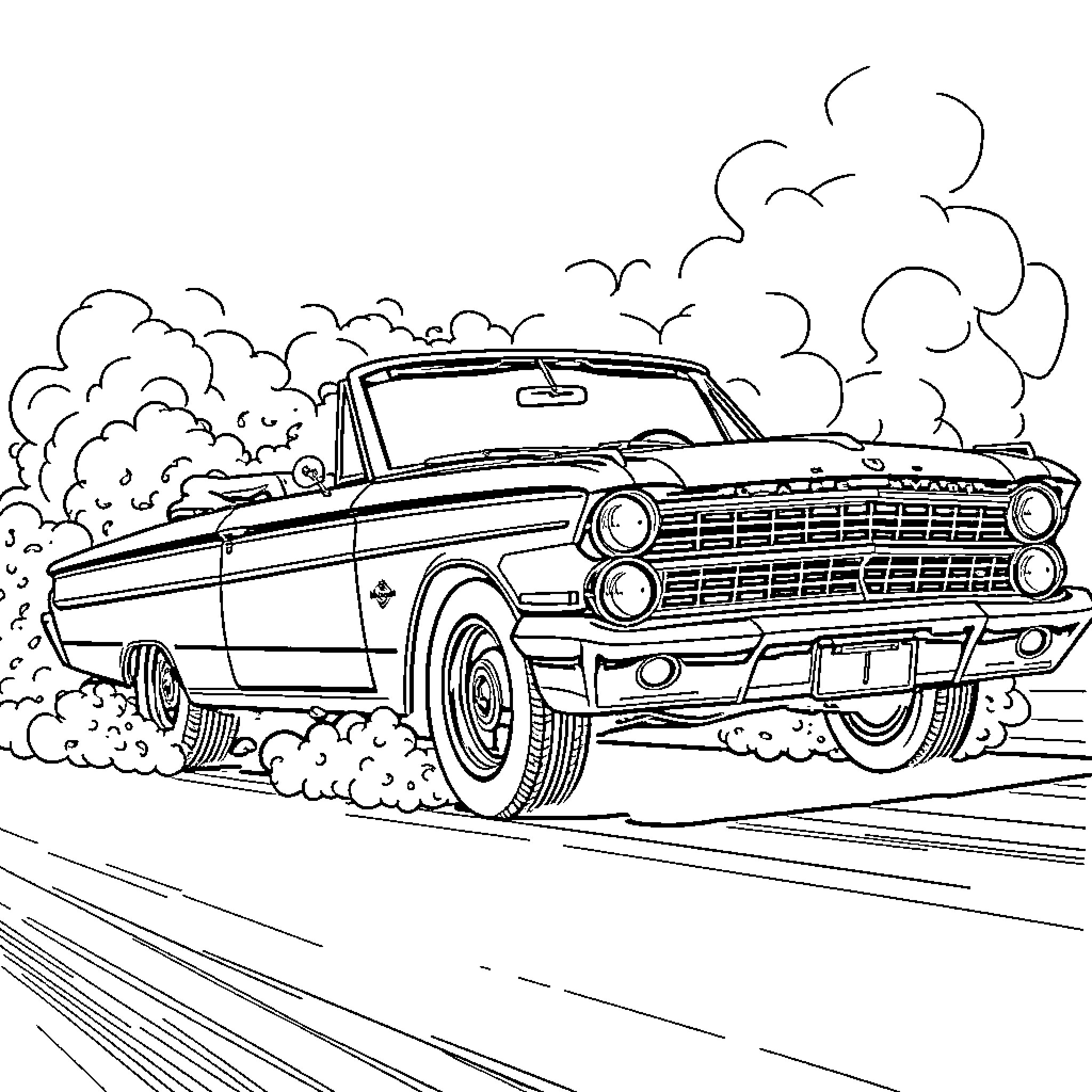 Ford Galaxy speeding down the road Coloring Page (free black-and-white line drawing printable PDF for all, from beginners to advanced learners, including children, teens, adults, and seniors)