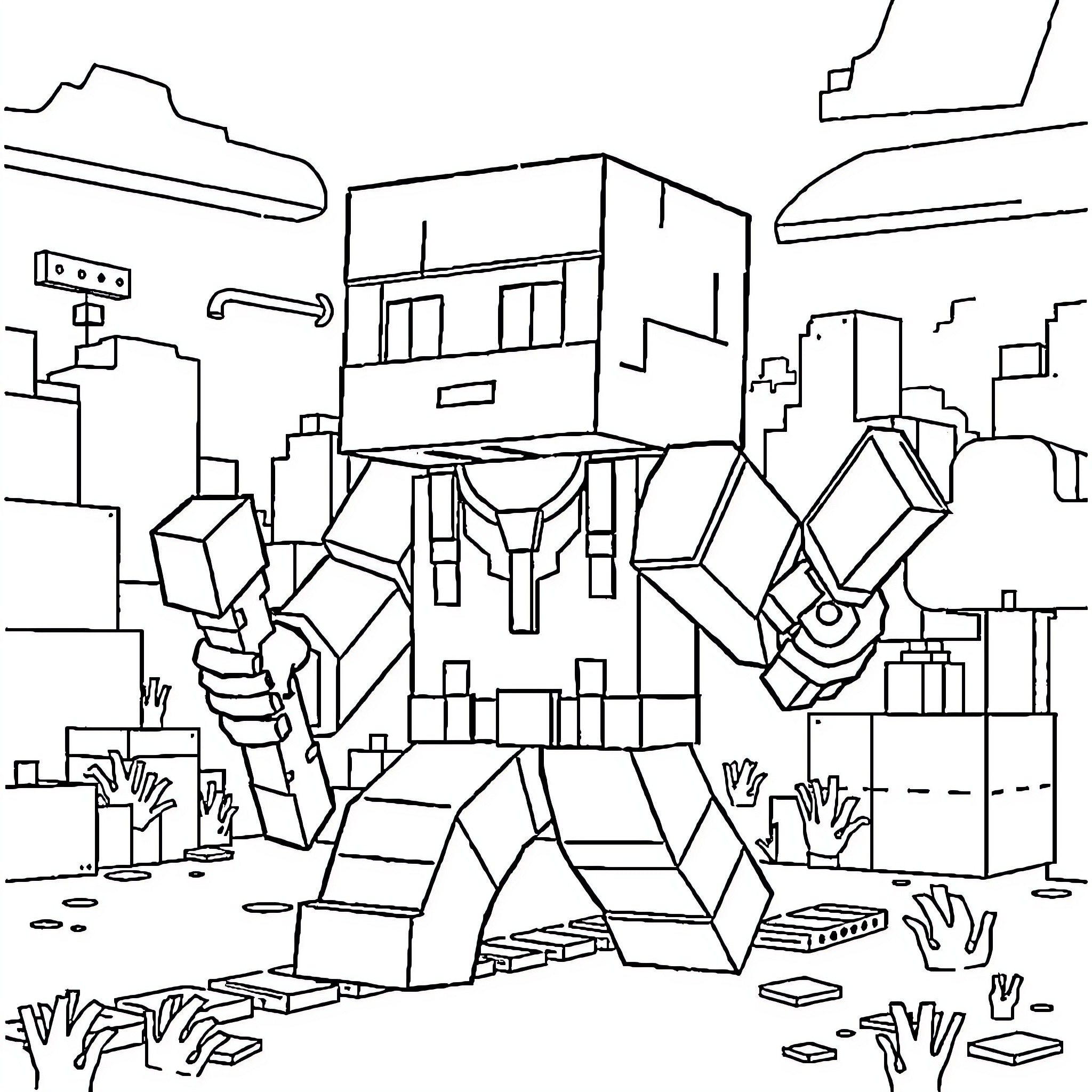 Minecraft Robot Exploring Blocky Cityscape Coloring Page (free black-and-white line drawing printable PDF for all, from beginners to advanced learners, including children, teens, adults, and seniors)