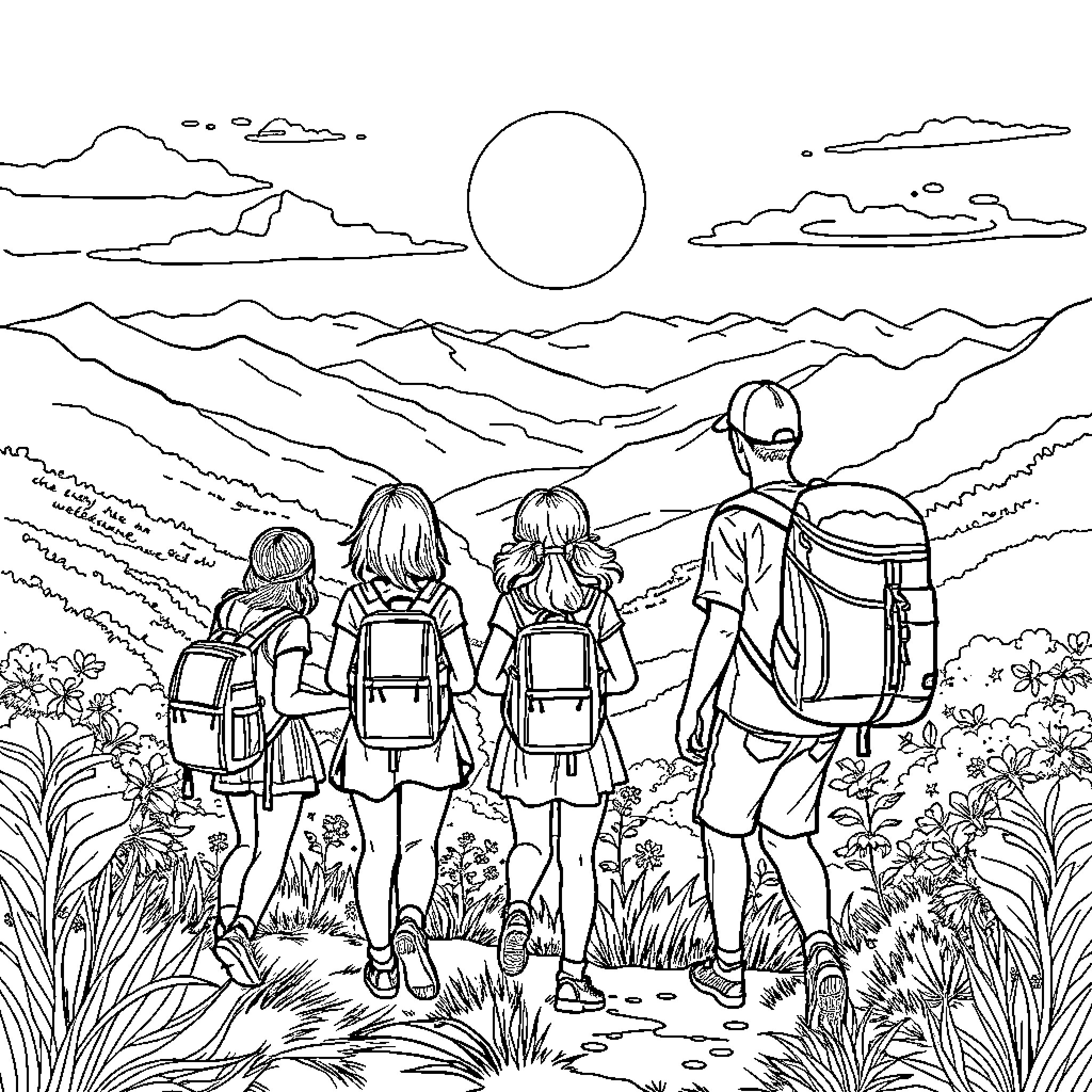 Travelers exploring the wilderness together Coloring Page (free black-and-white line drawing printable PDF for all, from beginners to advanced learners, including children, teens, adults, and seniors)