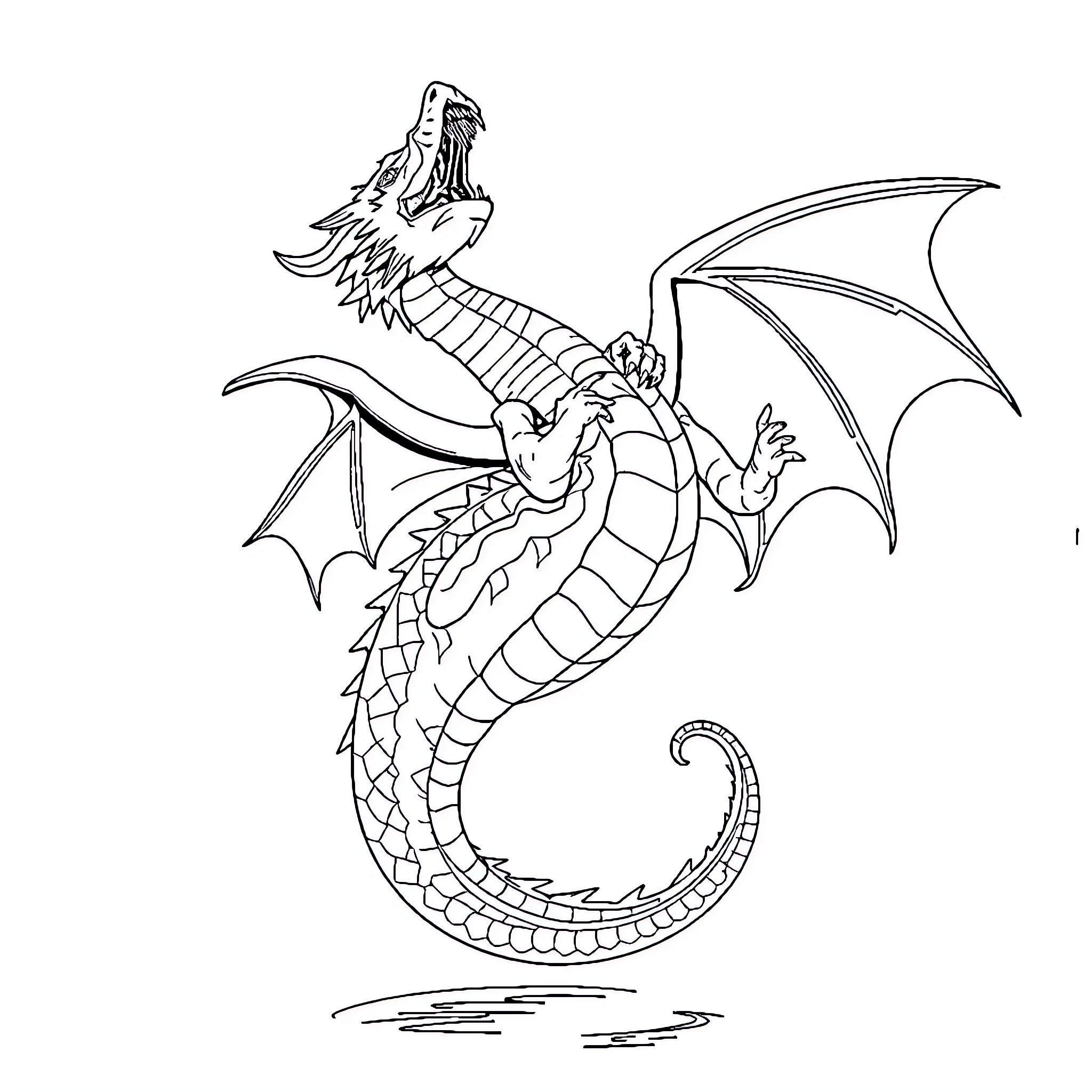 Dragon in flight with open wings and claws Coloring Page (free black-and-white line drawing printable PDF for all, from beginners to advanced learners, including children, teens, adults, and seniors)