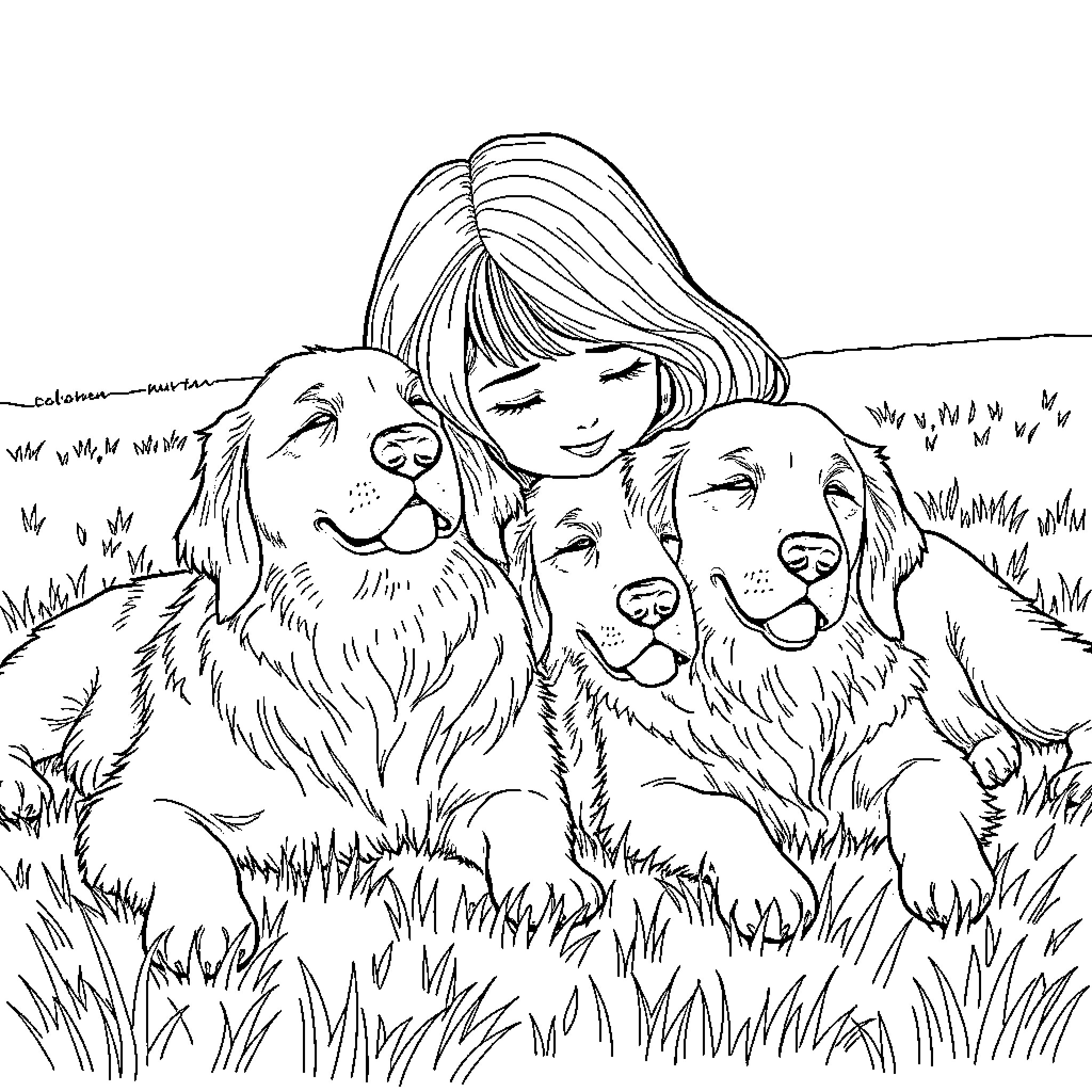 Girl playing with happy puppies in the field Coloring Page (free black-and-white line drawing printable PDF for all, from beginners to advanced learners, including children, teens, adults, and seniors)
