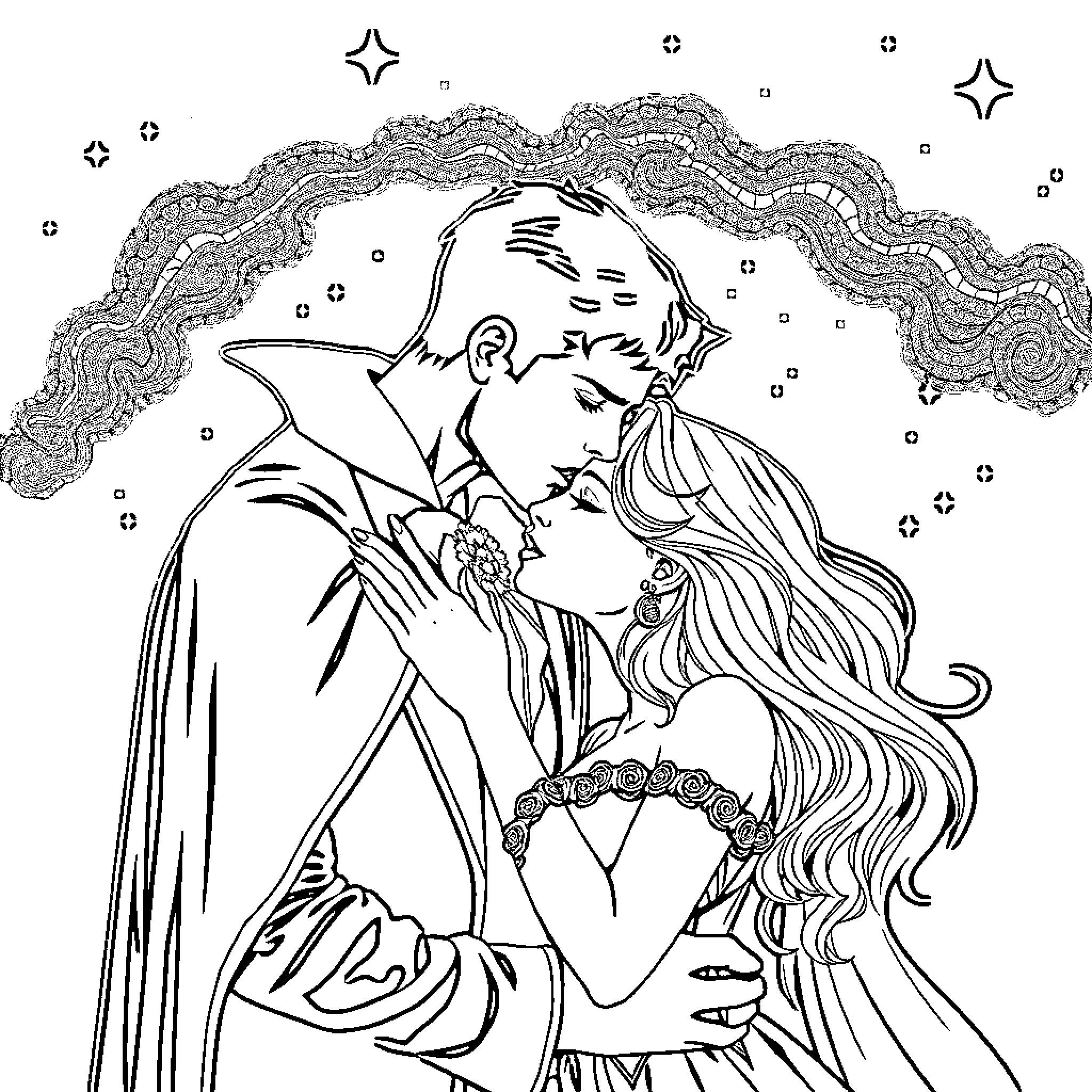 Vampire couple in romantic embrace under starry night Coloring Page (free black-and-white line drawing printable PDF for all, from beginners to advanced learners, including children, teens, adults, and seniors)
