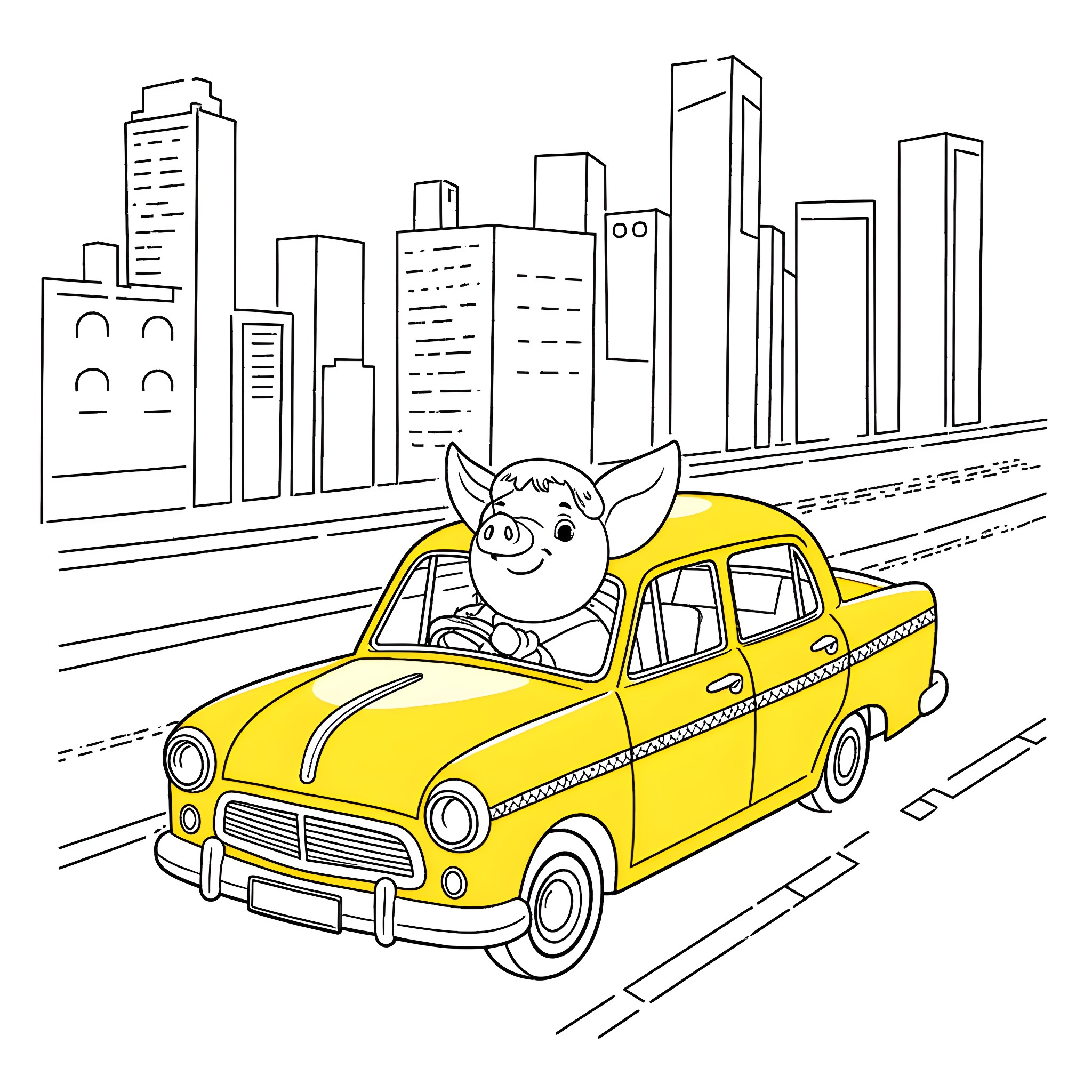 Pig riding happily in a yellow taxi cab Coloring Page (free black-and-white line drawing printable PDF for all, from beginners to advanced learners, including children, teens, adults, and seniors)