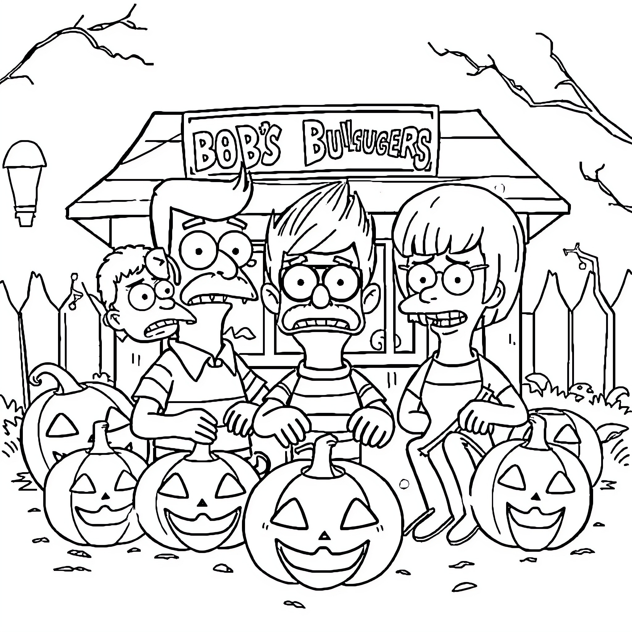 Bob's Burgers characters in Halloween costumes and pumpkins Coloring Page (free black-and-white line drawing printable PDF for all, from beginners to advanced learners, including children, teens, adults, and seniors)