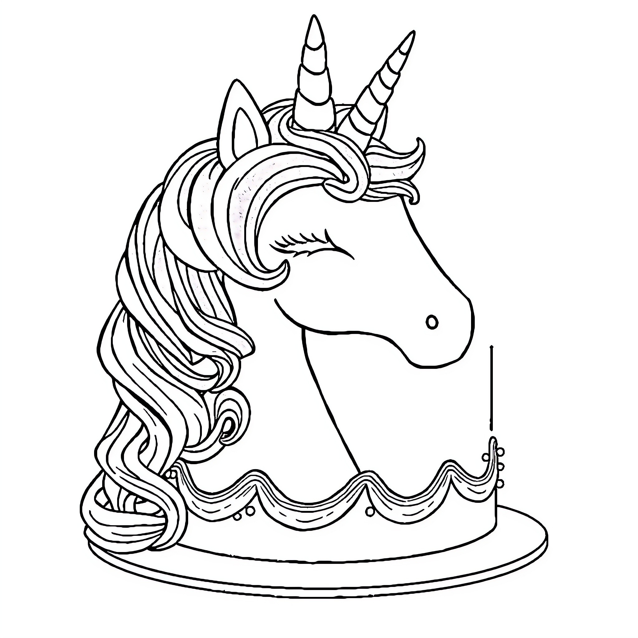 Unicorn depicted on a decorative cake Coloring Page (free black-and-white line drawing printable PDF for all, from beginners to advanced learners, including children, teens, adults, and seniors)