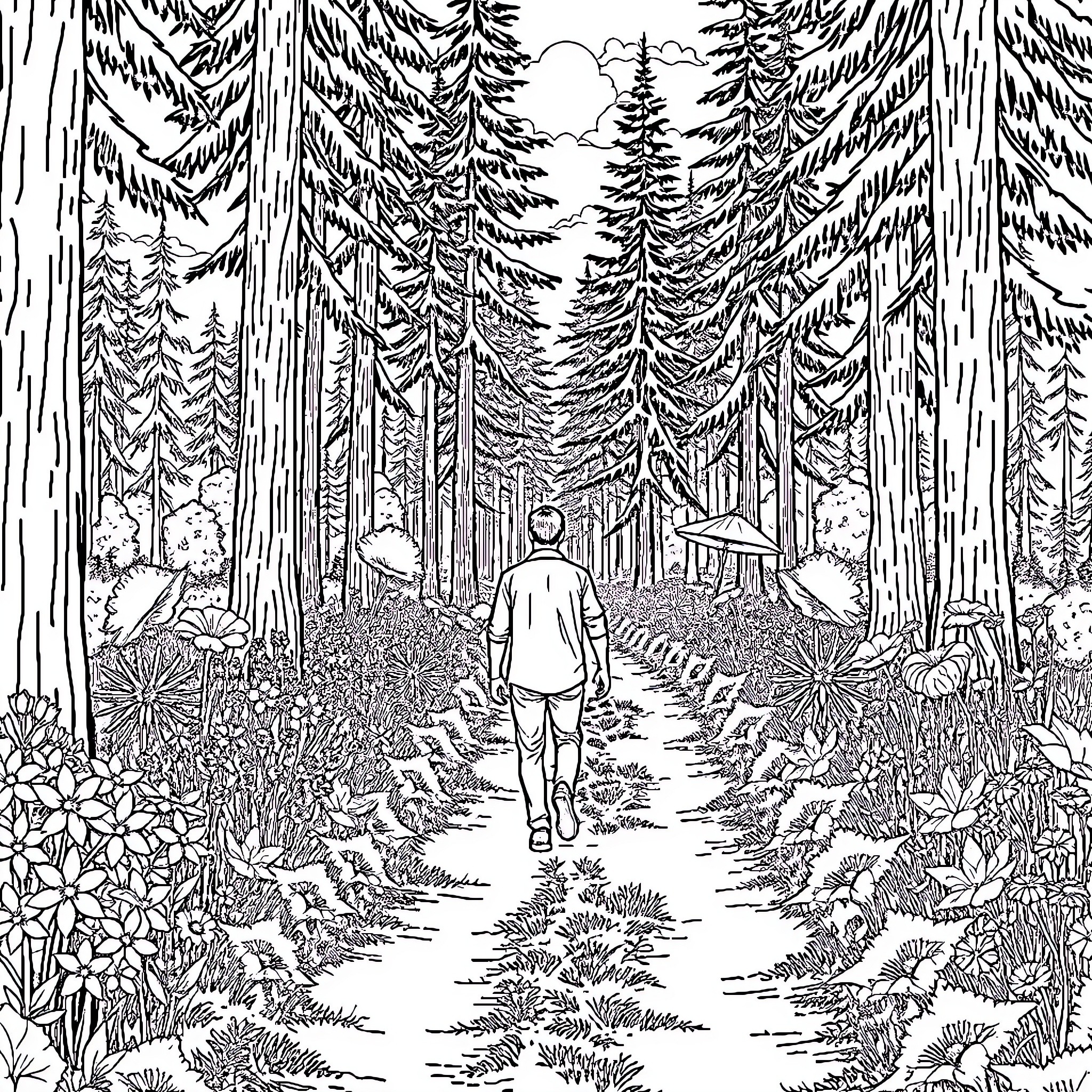 Man walking on a path through the dense forest Coloring Page (free black-and-white line drawing printable PDF for all, from beginners to advanced learners, including children, teens, adults, and seniors)