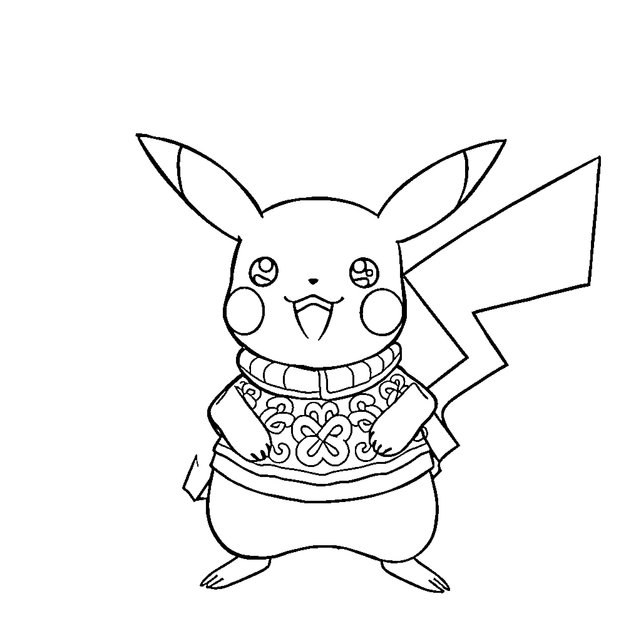 Pikachu wearing a festive outfit Coloring Page (free black-and-white line drawing printable PDF for all, from beginners to advanced learners, including children, teens, adults, and seniors)