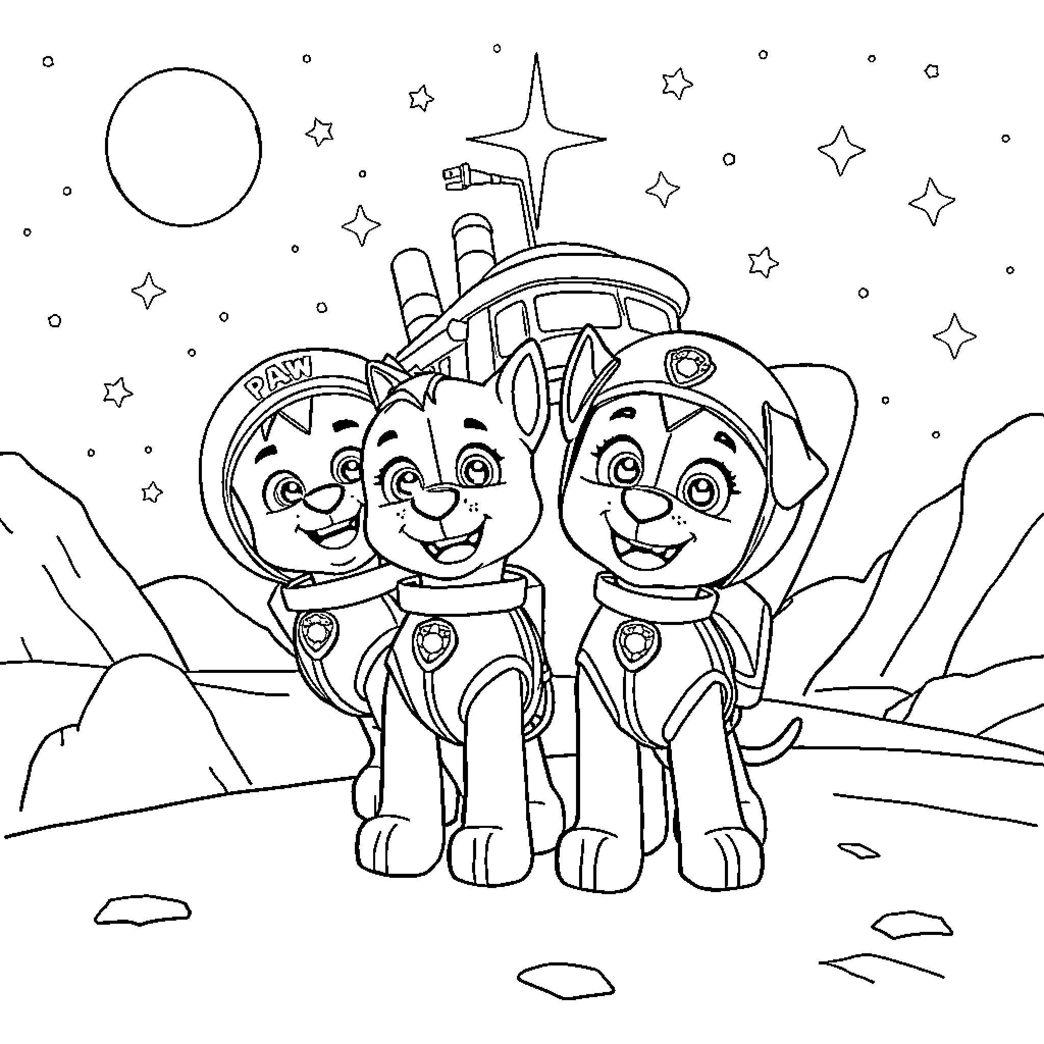 Paw Patrol Pups Exploring Space Adventure Coloring Page (free black-and-white line drawing printable PDF for all, from beginners to advanced learners, including children, teens, adults, and seniors)