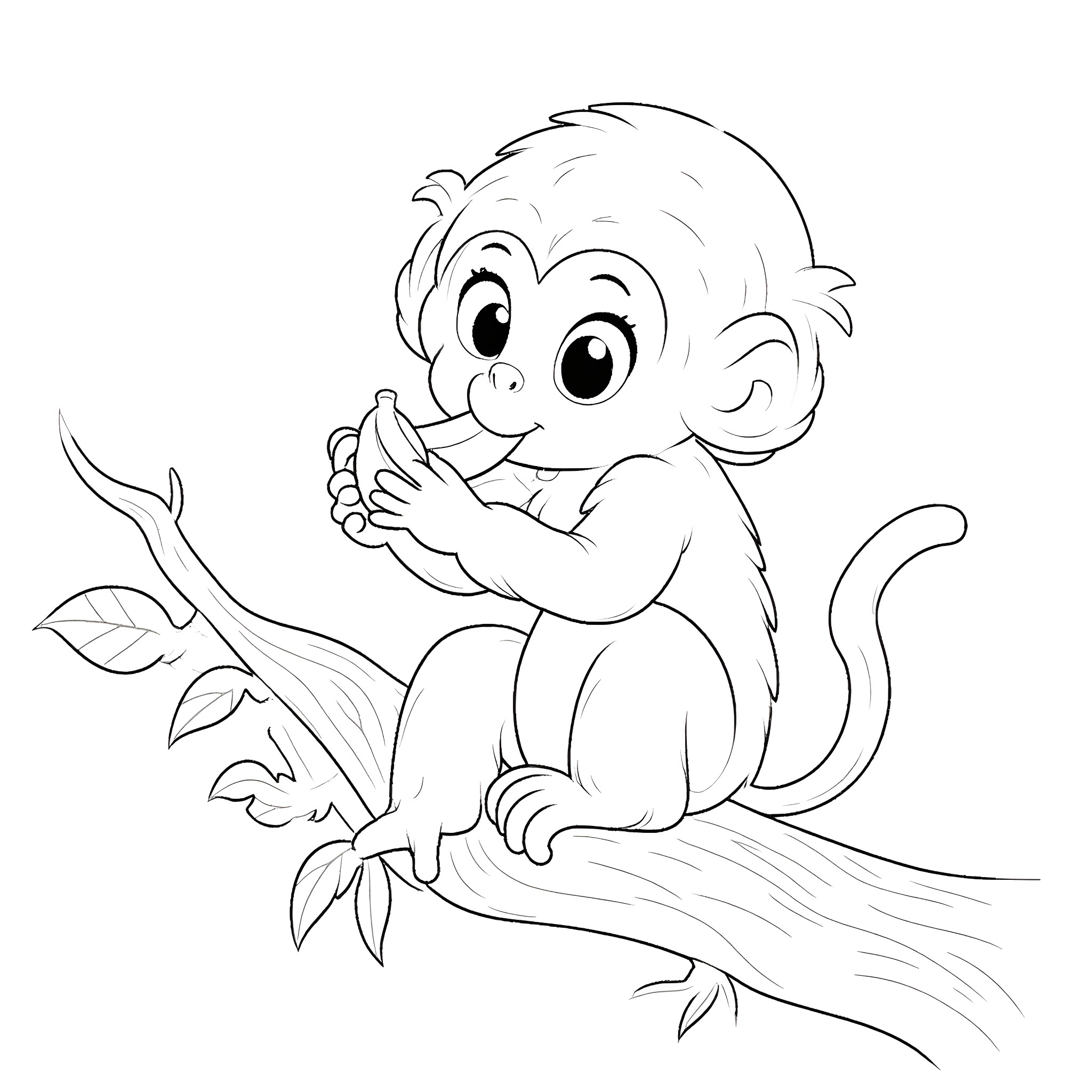 Banana monkey enjoying nature Coloring Page (free black-and-white line drawing printable PDF for all, from beginners to advanced learners, including children, teens, adults, and seniors)