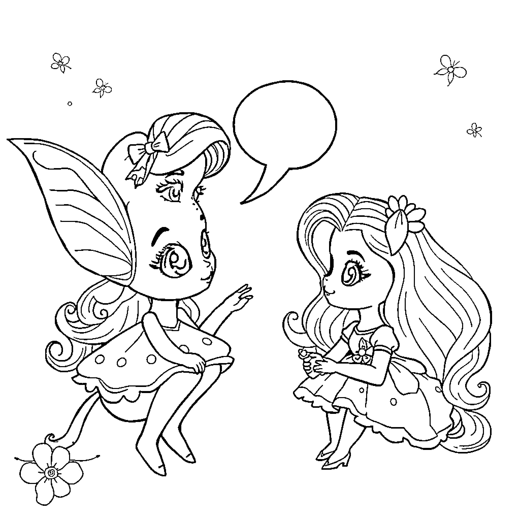 Miraculous fairy friends enjoy whimsical adventure Coloring Page (free black-and-white line drawing printable PDF for all, from beginners to advanced learners, including children, teens, adults, and seniors)