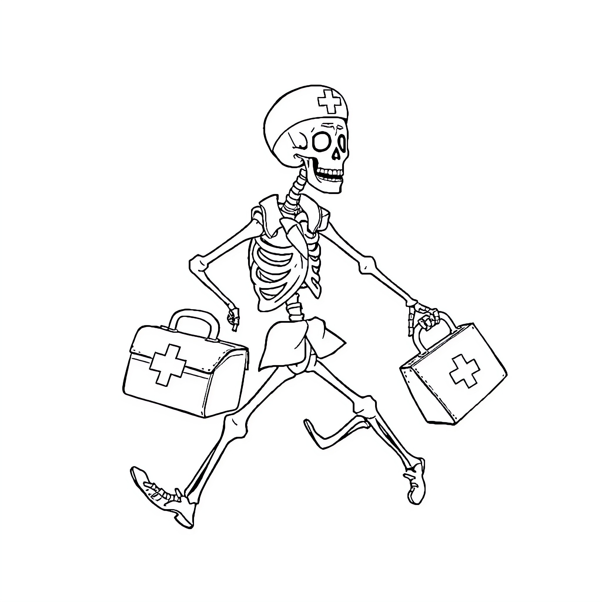 Skeleton Nurse Rushing with Medical Supplies Coloring Page (free black-and-white line drawing printable PDF for all, from beginners to advanced learners, including children, teens, adults, and seniors)