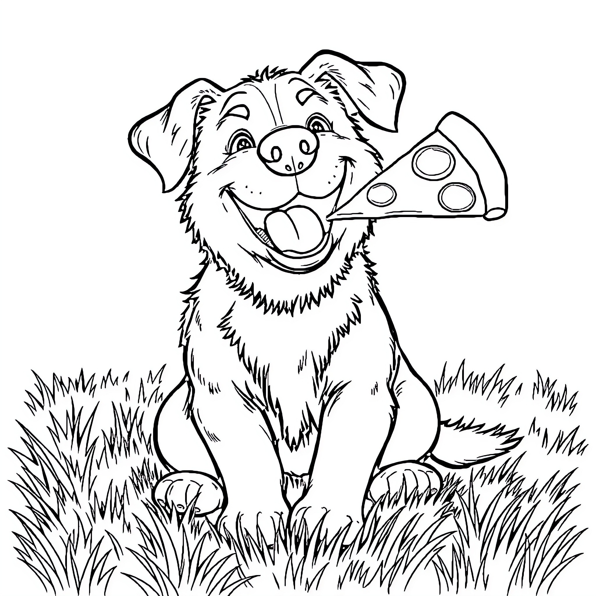 Dog holding a slice of pizza in a grassy field Coloring Page (free black-and-white line drawing printable PDF for all, from beginners to advanced learners, including children, teens, adults, and seniors)