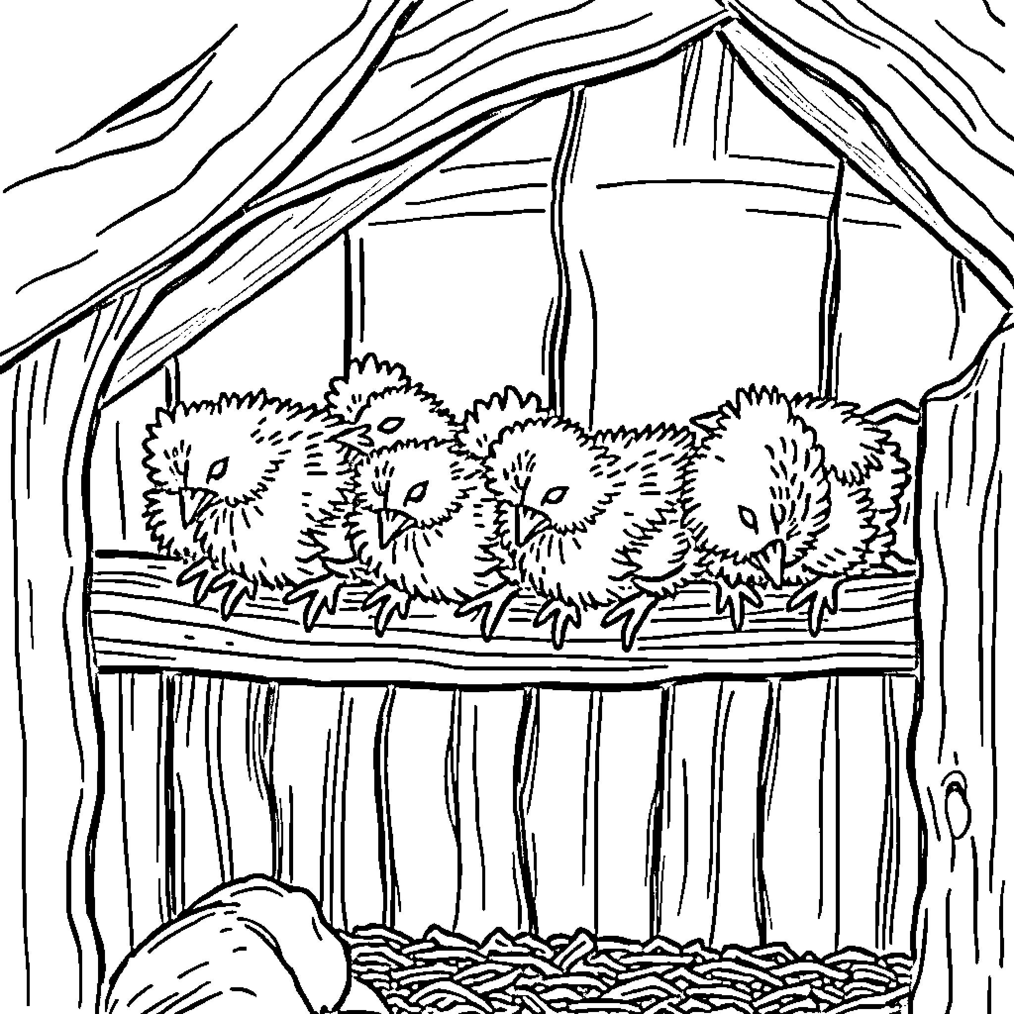 Chicken chicks in a wooden coop Coloring Page (free black-and-white line drawing printable PDF for all, from beginners to advanced learners, including children, teens, adults, and seniors)