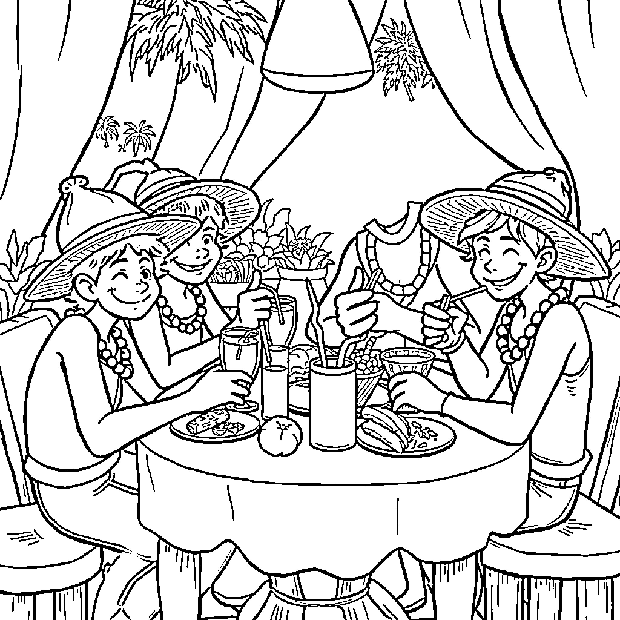 Strawhat friends having a tropical feast together Coloring Page (free black-and-white line drawing printable PDF for all, from beginners to advanced learners, including children, teens, adults, and seniors)