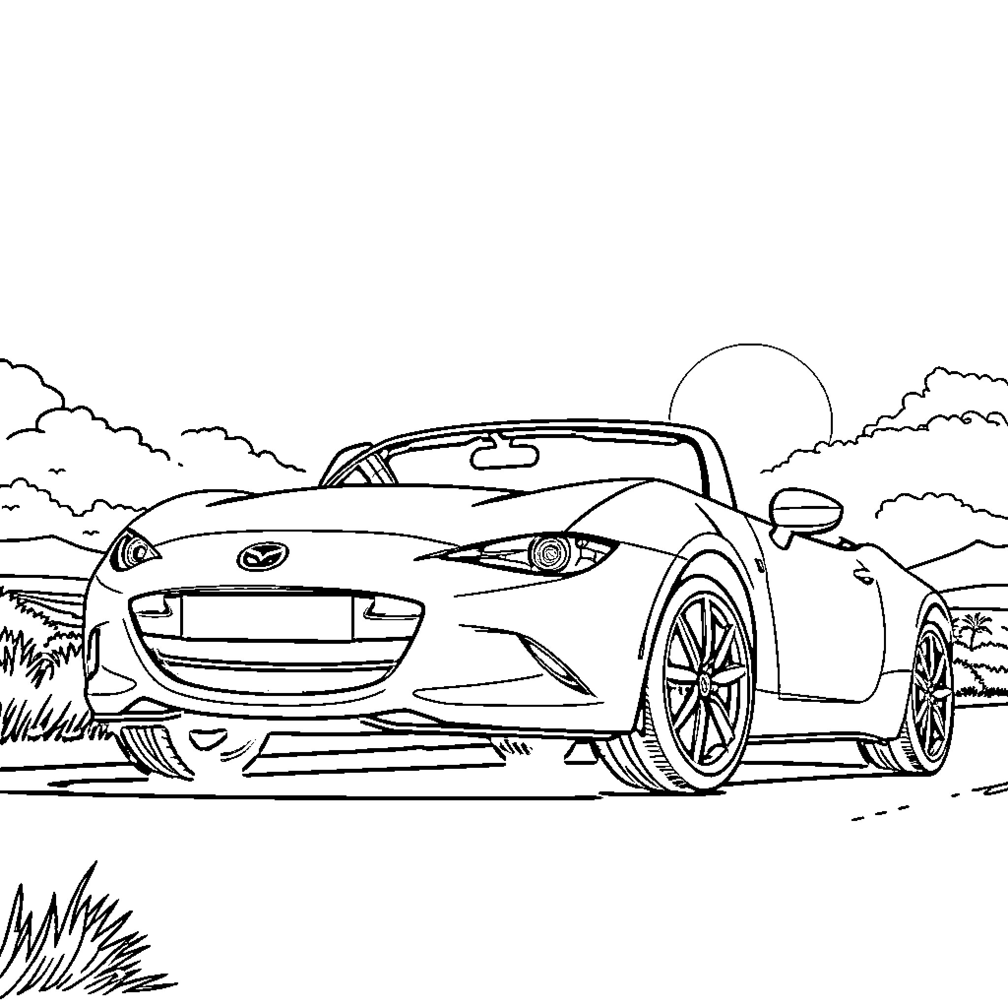 Mazda MX5 speeding on a countryside road Coloring Page (free black-and-white line drawing printable PDF for all, from beginners to advanced learners, including children, teens, adults, and seniors)