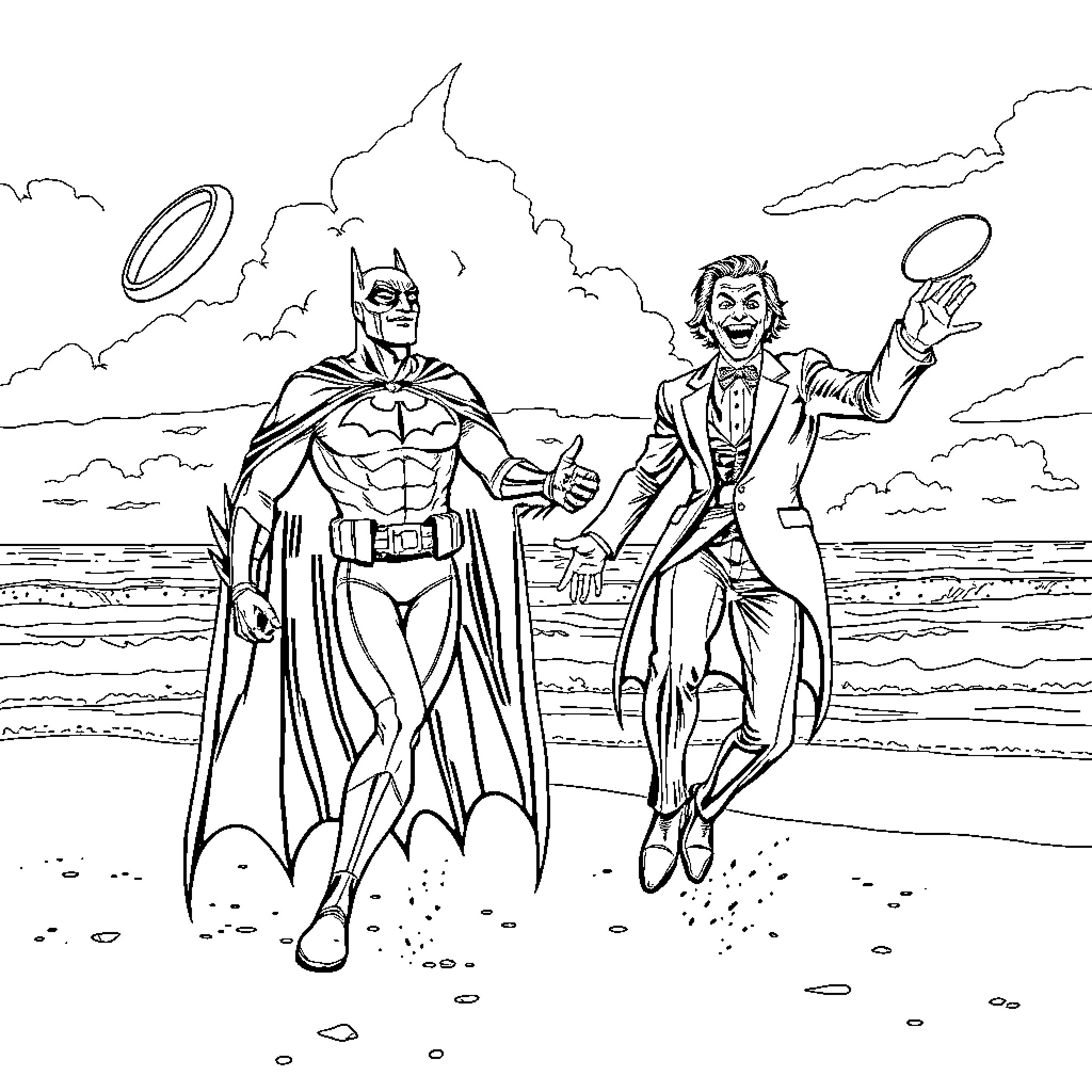 Batman and Joker battle on the beach Coloring Page (free black-and-white line drawing printable PDF for all, from beginners to advanced learners, including children, teens, adults, and seniors)