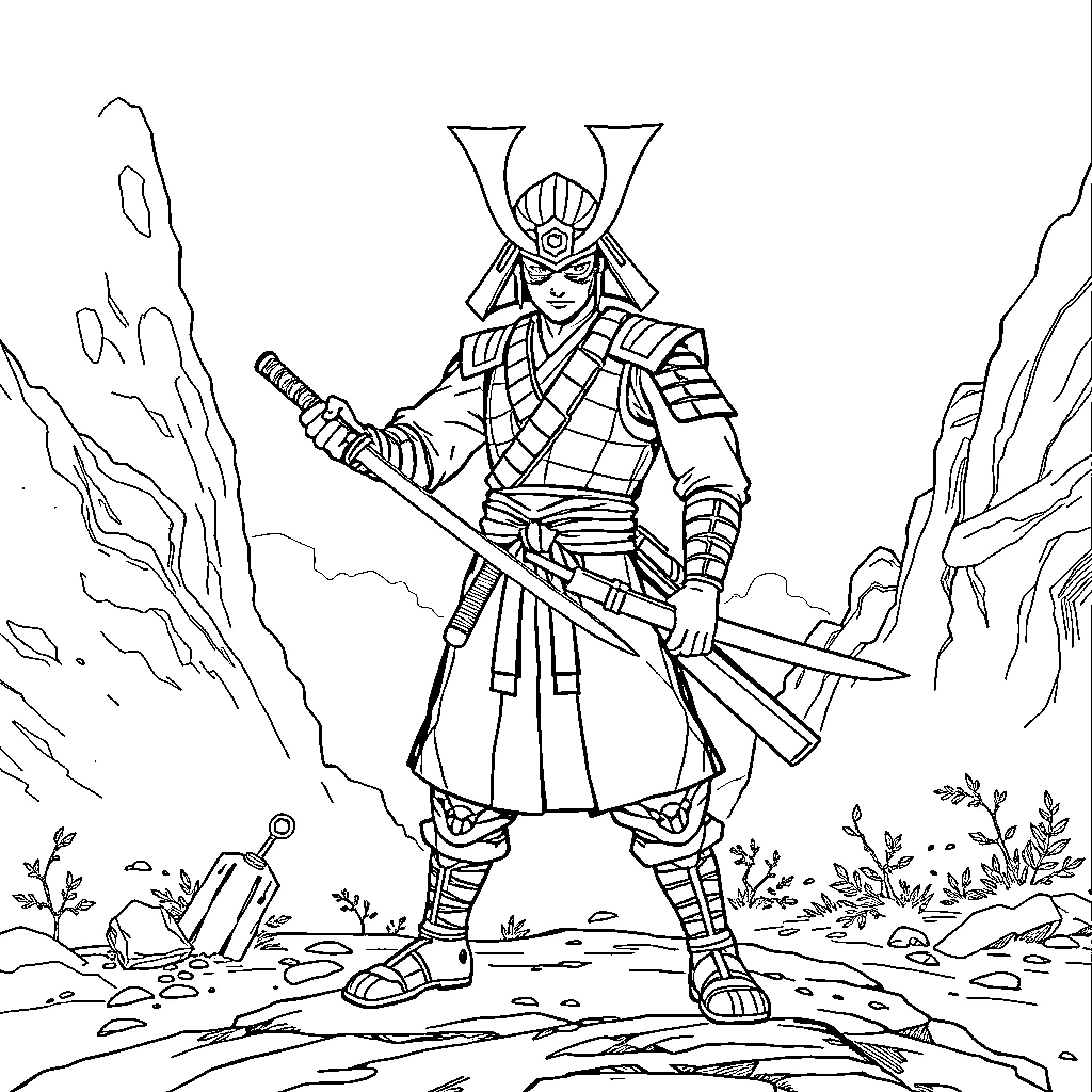 Samurai Jack wielding sword in the wilderness Coloring Page (free black-and-white line drawing printable PDF for all, from beginners to advanced learners, including children, teens, adults, and seniors)