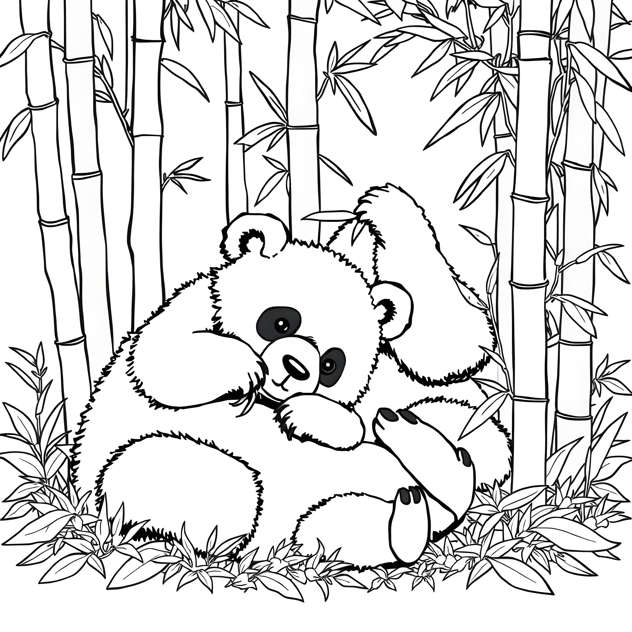 Panda Bear Resting in Bamboo Forest Coloring Page (free black-and-white line drawing printable PDF for all, from beginners to advanced learners, including children, teens, adults, and seniors)