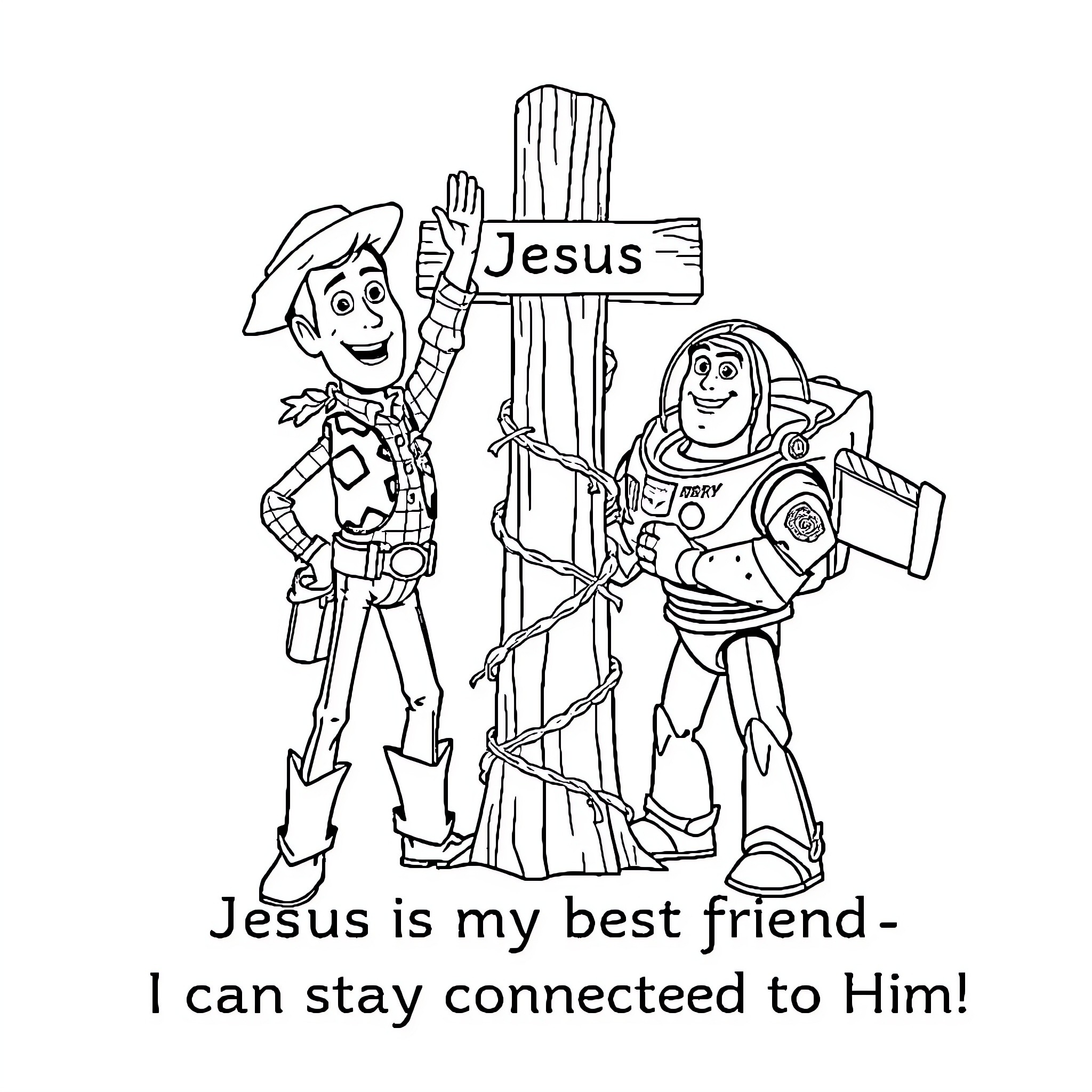 Woody and Buzz share their faith in Jesus Coloring Page (free black-and-white line drawing printable PDF for all, from beginners to advanced learners, including children, teens, adults, and seniors)