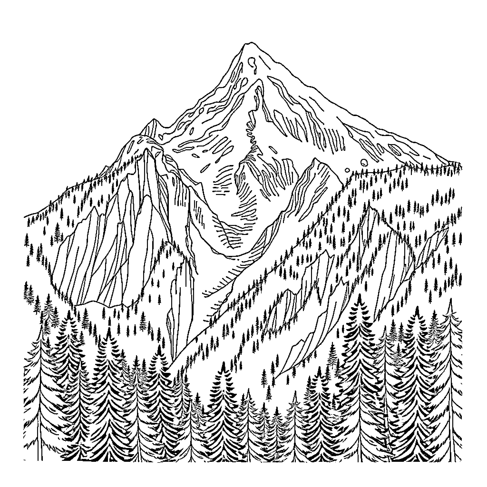 Mountain landscape with rugged peaks and dense forest Coloring Page (free black-and-white line drawing printable PDF for all, from beginners to advanced learners, including children, teens, adults, and seniors)