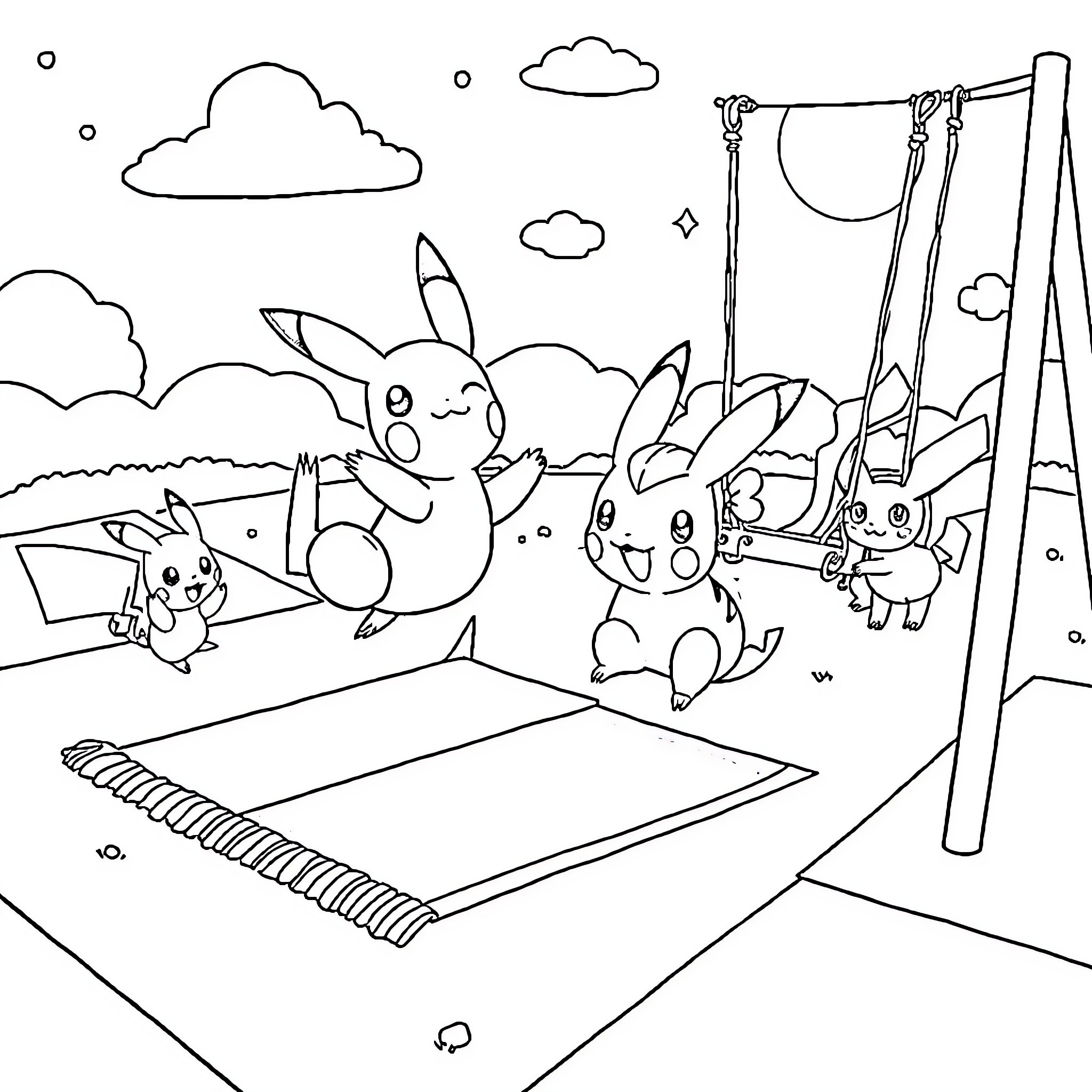 Pokémon playing joyfully on the playground Coloring Page (free black-and-white line drawing printable PDF for all, from beginners to advanced learners, including children, teens, adults, and seniors)