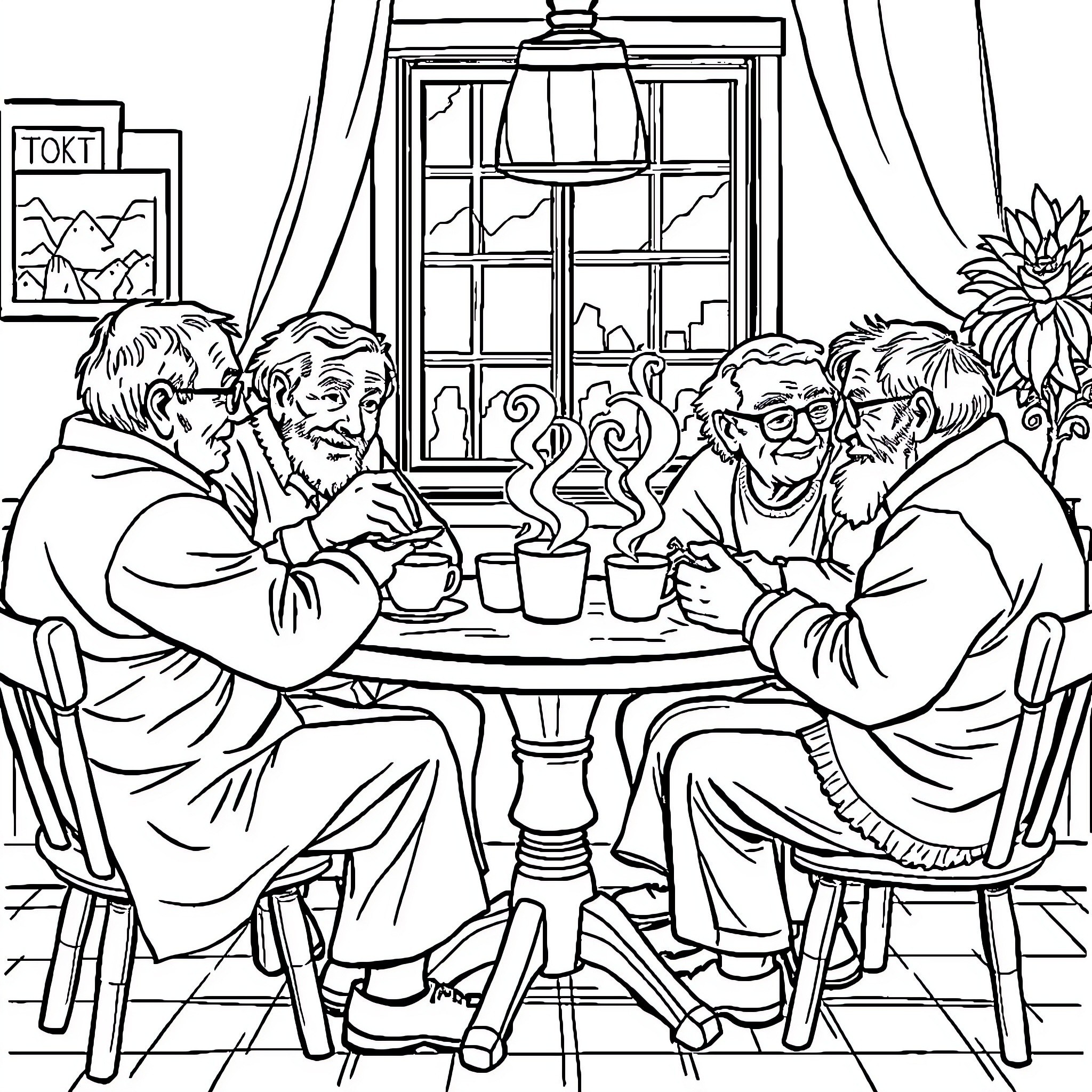Old People Enjoying Warm Drinks and Conversation Coloring Page (free black-and-white line drawing printable PDF for all, from beginners to advanced learners, including children, teens, adults, and seniors)