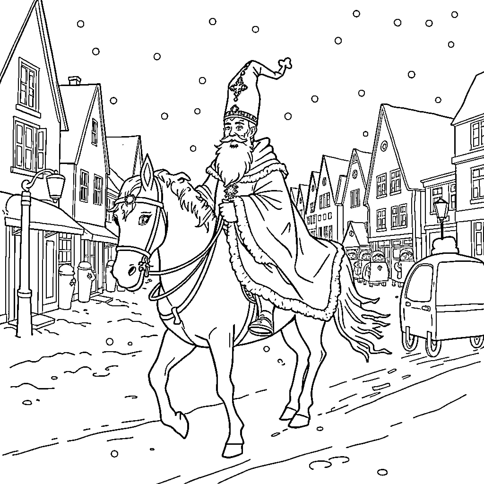 Sinterklaas riding his horse through the snowy town Coloring Page (free black-and-white line drawing printable PDF for all, from beginners to advanced learners, including children, teens, adults, and seniors)
