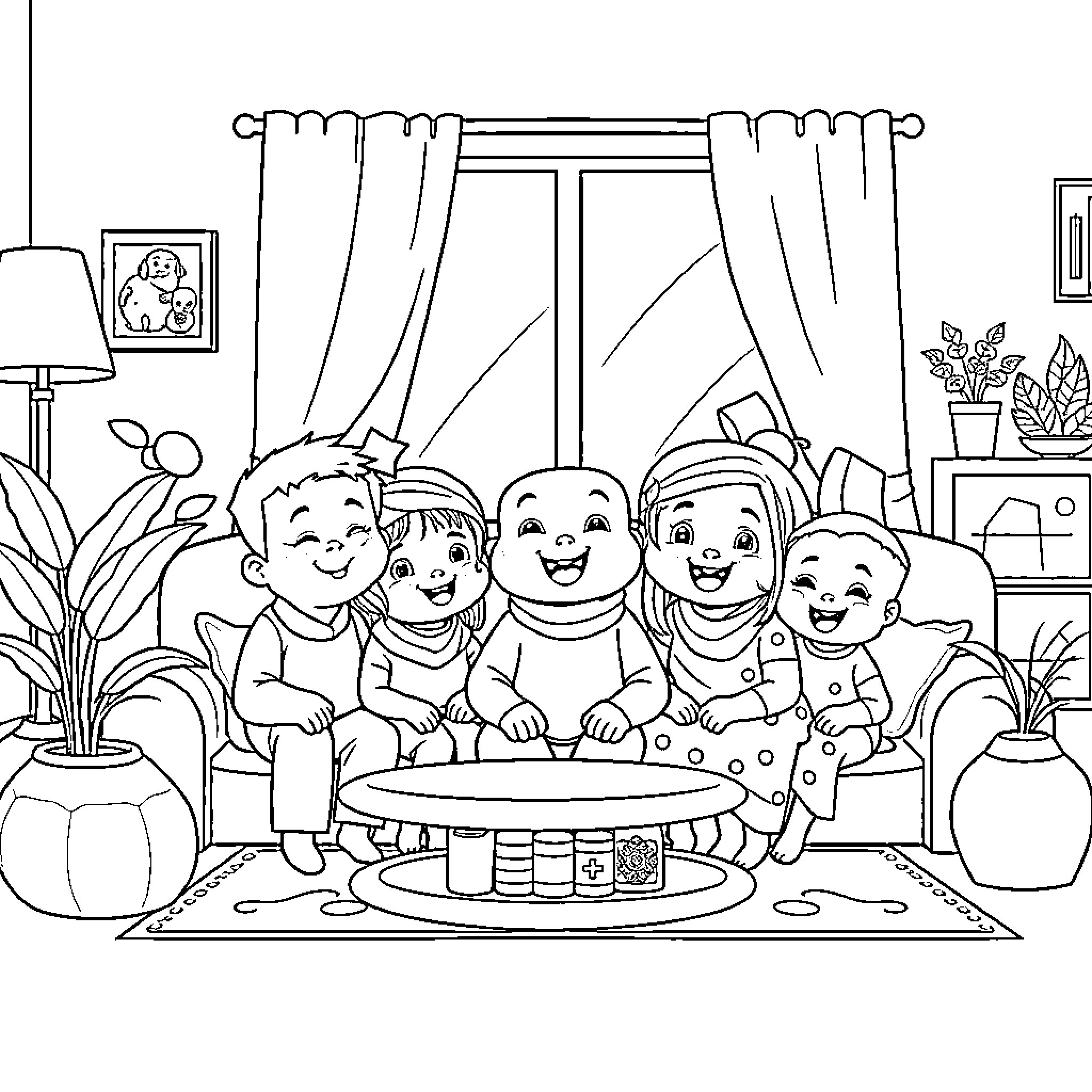 Labubu family enjoying a cozy indoor gathering Coloring Page (free black-and-white line drawing printable PDF for all, from beginners to advanced learners, including children, teens, adults, and seniors)