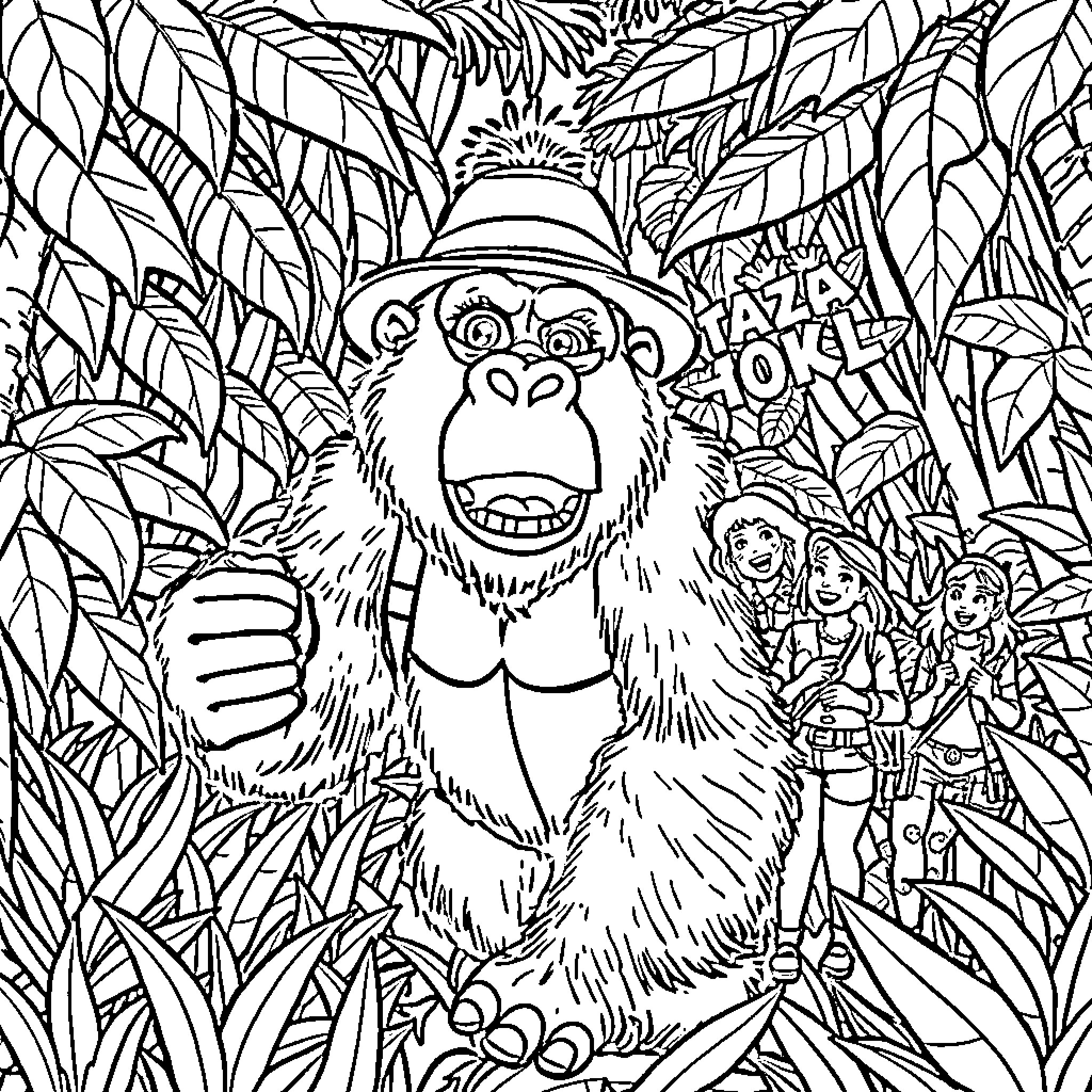 Gorilla posing with explorers in the jungle Coloring Page (free black-and-white line drawing printable PDF for all, from beginners to advanced learners, including children, teens, adults, and seniors)