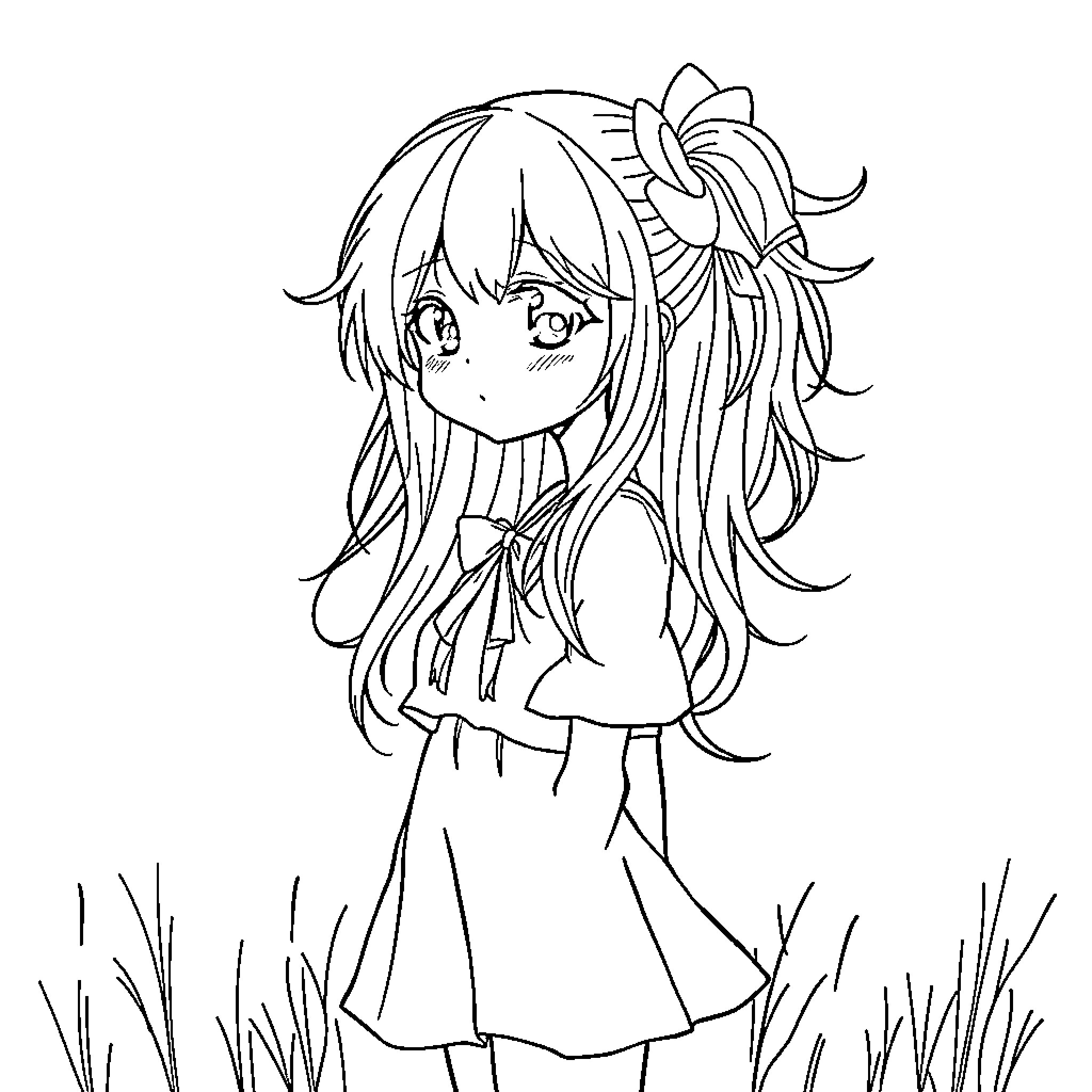 Anime Girl in a Floral Dress Coloring Page (free black-and-white line drawing printable PDF for all, from beginners to advanced learners, including children, teens, adults, and seniors)