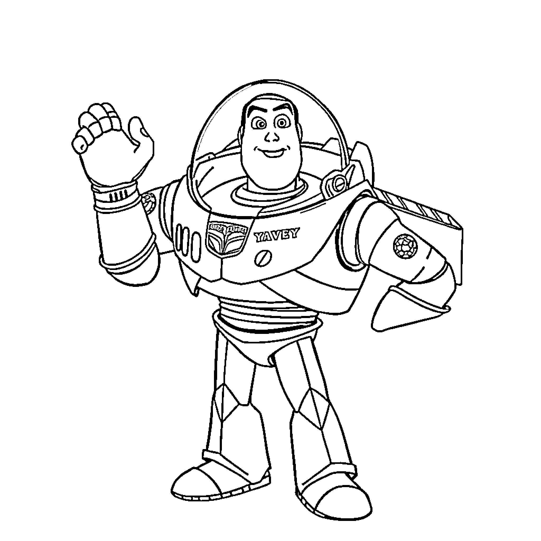 Buzz Lightyear in action pose with confident expression Coloring Page (free black-and-white line drawing printable PDF for all, from beginners to advanced learners, including children, teens, adults, and seniors)
