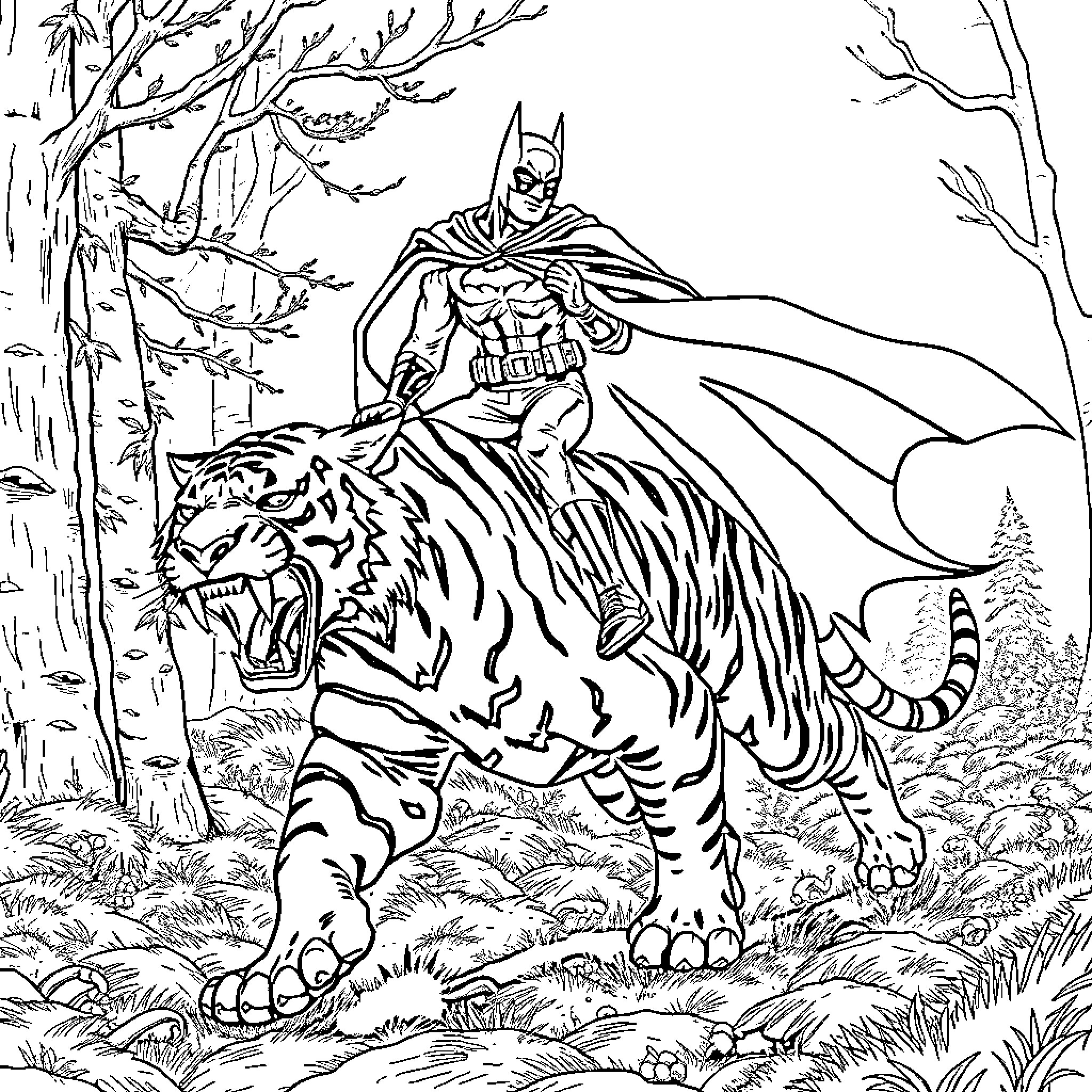 Batman Confronting a Fierce Tiger in the Wilderness Coloring Page (free black-and-white line drawing printable PDF for all, from beginners to advanced learners, including children, teens, adults, and seniors)