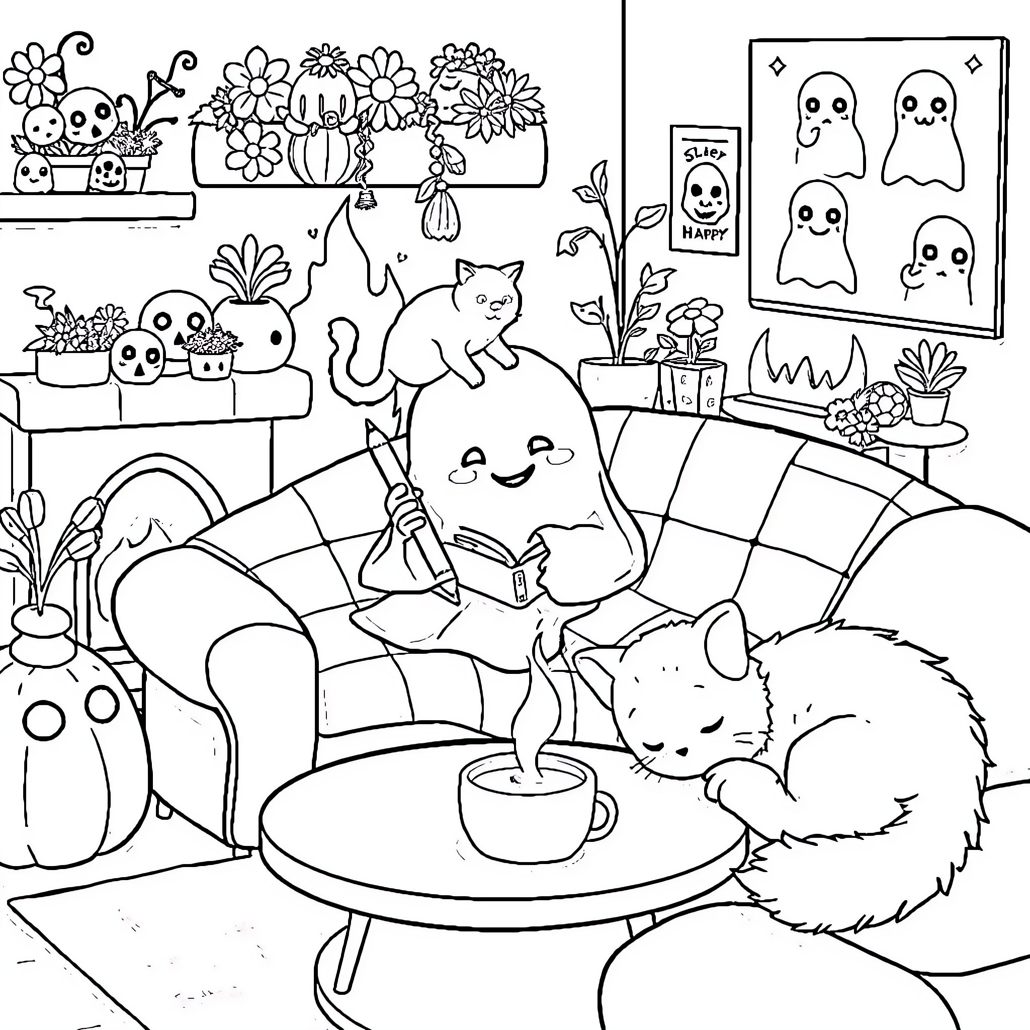 Ghost-like creatures playing happily in a cozy living room Coloring Page (free black-and-white line drawing printable PDF for all, from beginners to advanced learners, including children, teens, adults, and seniors)