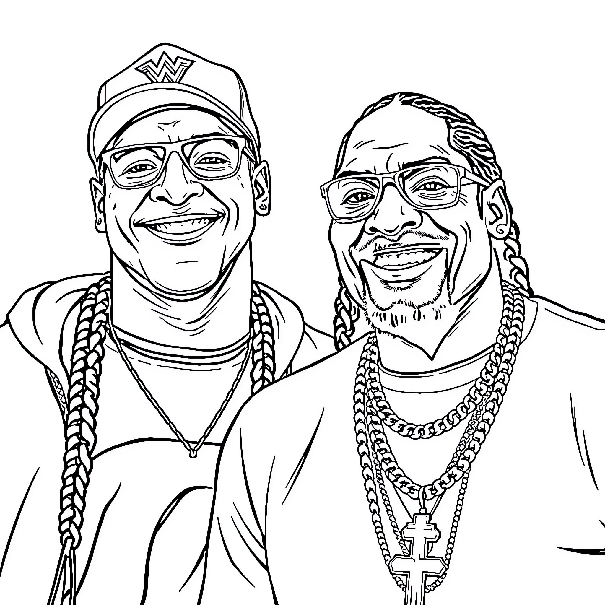 John Cena and Snoop Dogg in Casual Poses Coloring Page (free black-and-white line drawing printable PDF for all, from beginners to advanced learners, including children, teens, adults, and seniors)